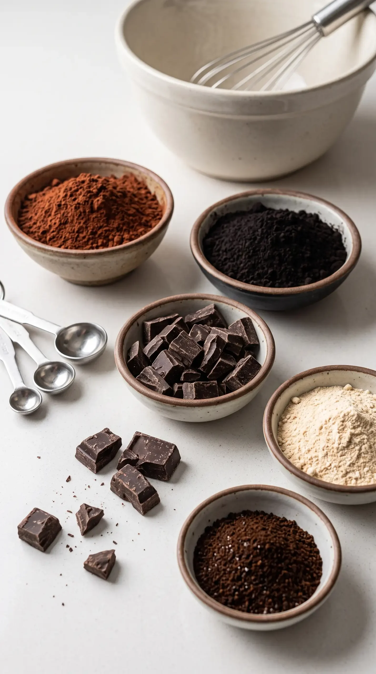 Dutch-process cocoa, black cocoa, chocolate chunks, and baking ingredients for chocolate muffins