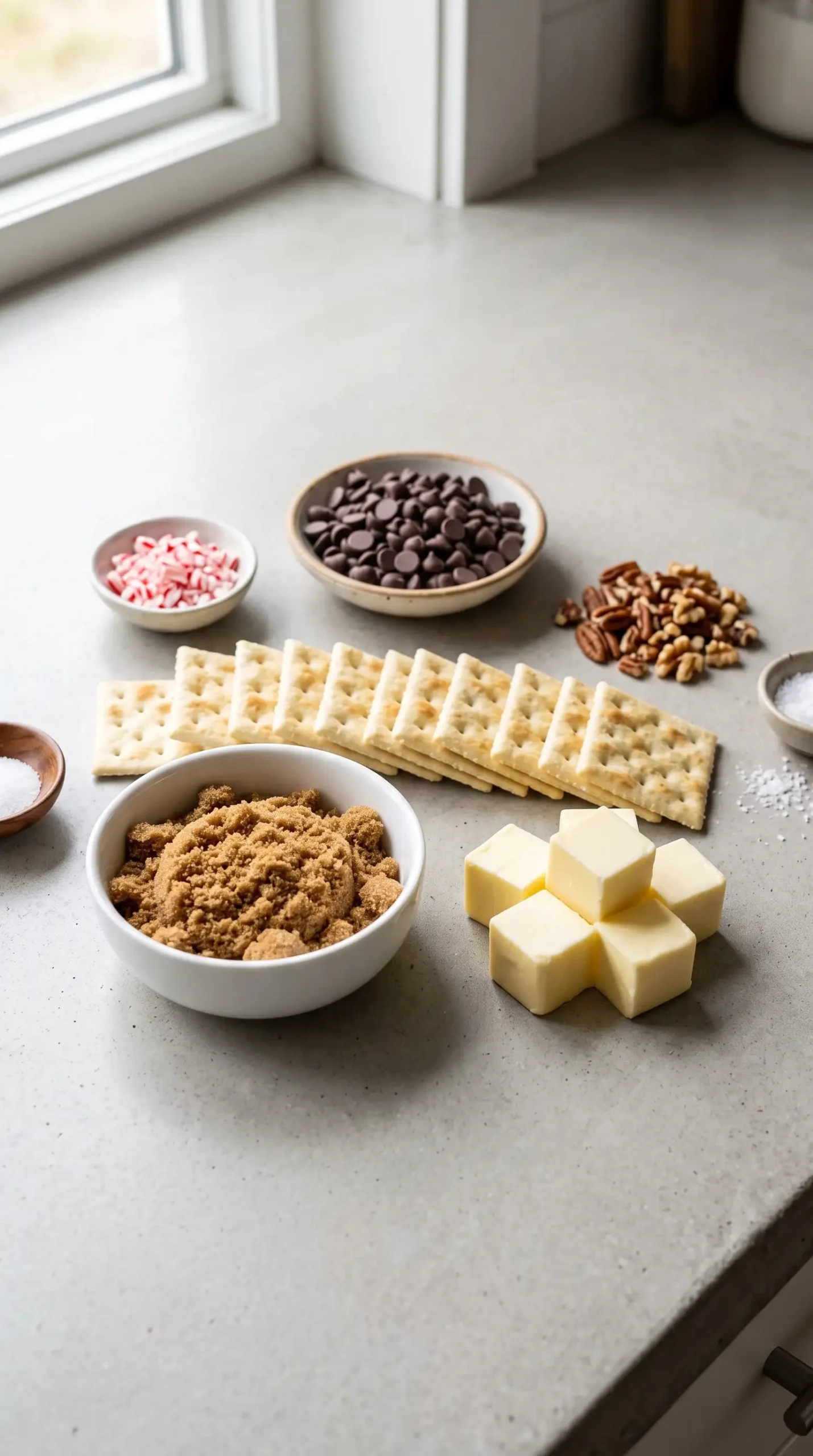 Saltine crackers, butter, brown sugar, chocolate chips, and holiday toppings for toffee