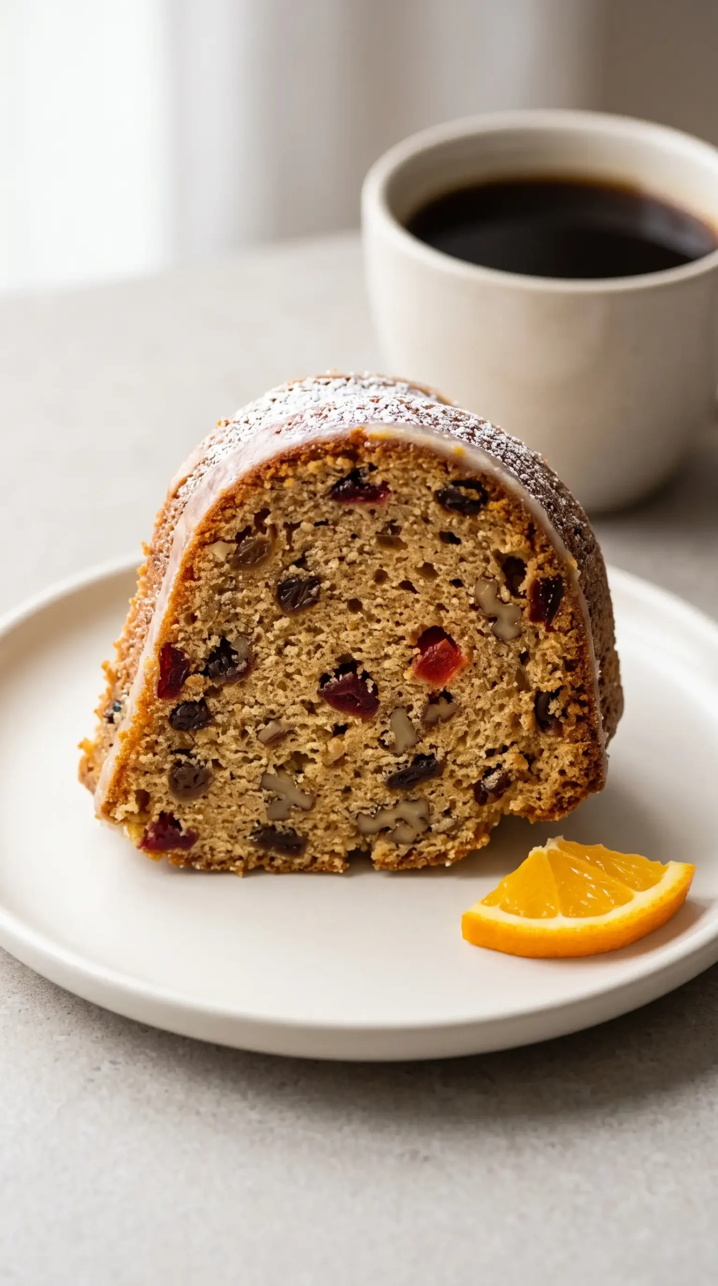 Slice of Christmas fruit bundt cake with dried fruit, nuts, citrus glaze, and coffee