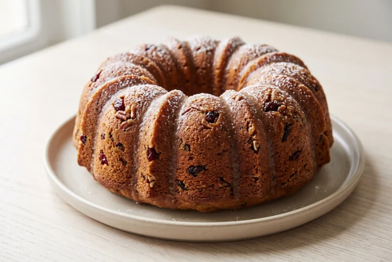 Whole Christmas fruit bundt cake with dried fruits, nuts, powdered sugar, and a thin glaze