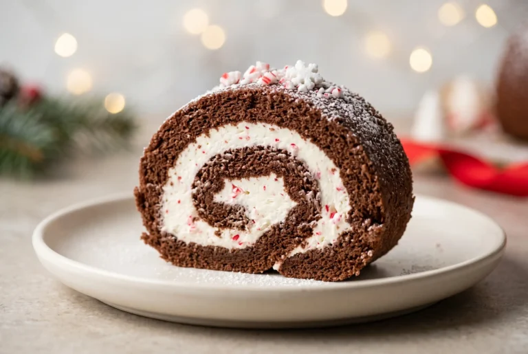 Slice of Christmas Peppermint Roll with chocolate sponge and peppermint cream spiral