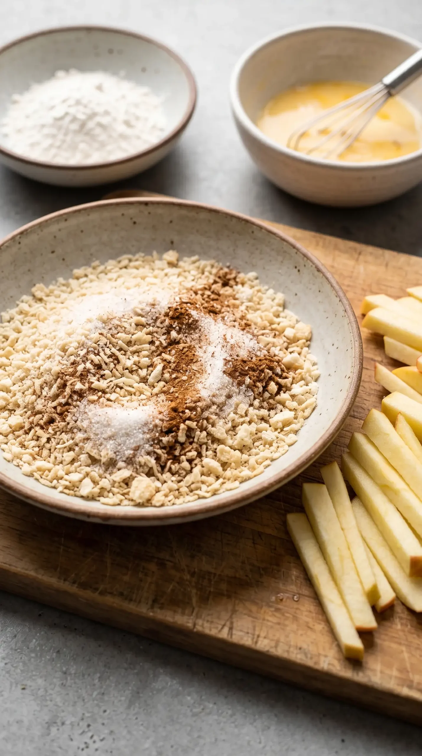 Panko breadcrumbs mixed with cinnamon sugar beside apple sticks and coating ingredients