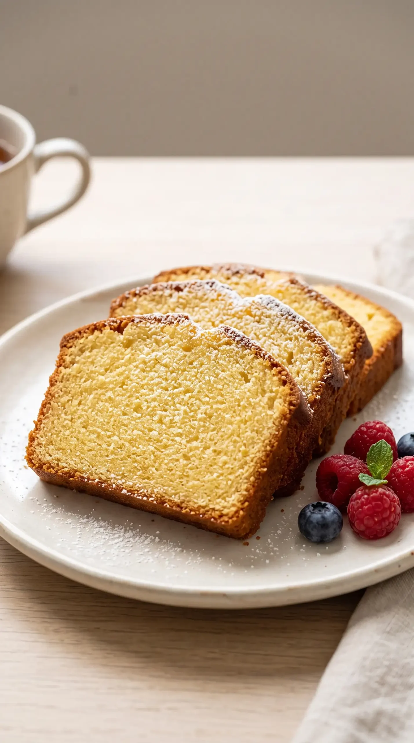 Thin slices of classic butter pound cake with golden crumb and fresh berries