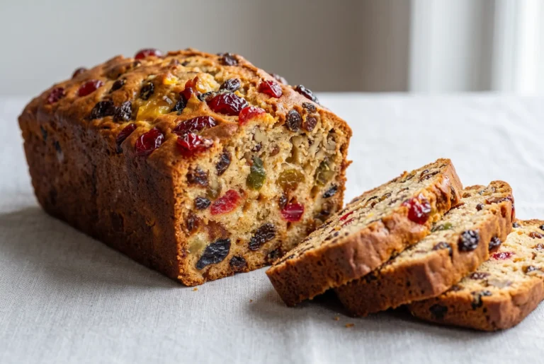 Classic fruit loaf with dried fruits and nuts showing a golden crust and sliced crumb