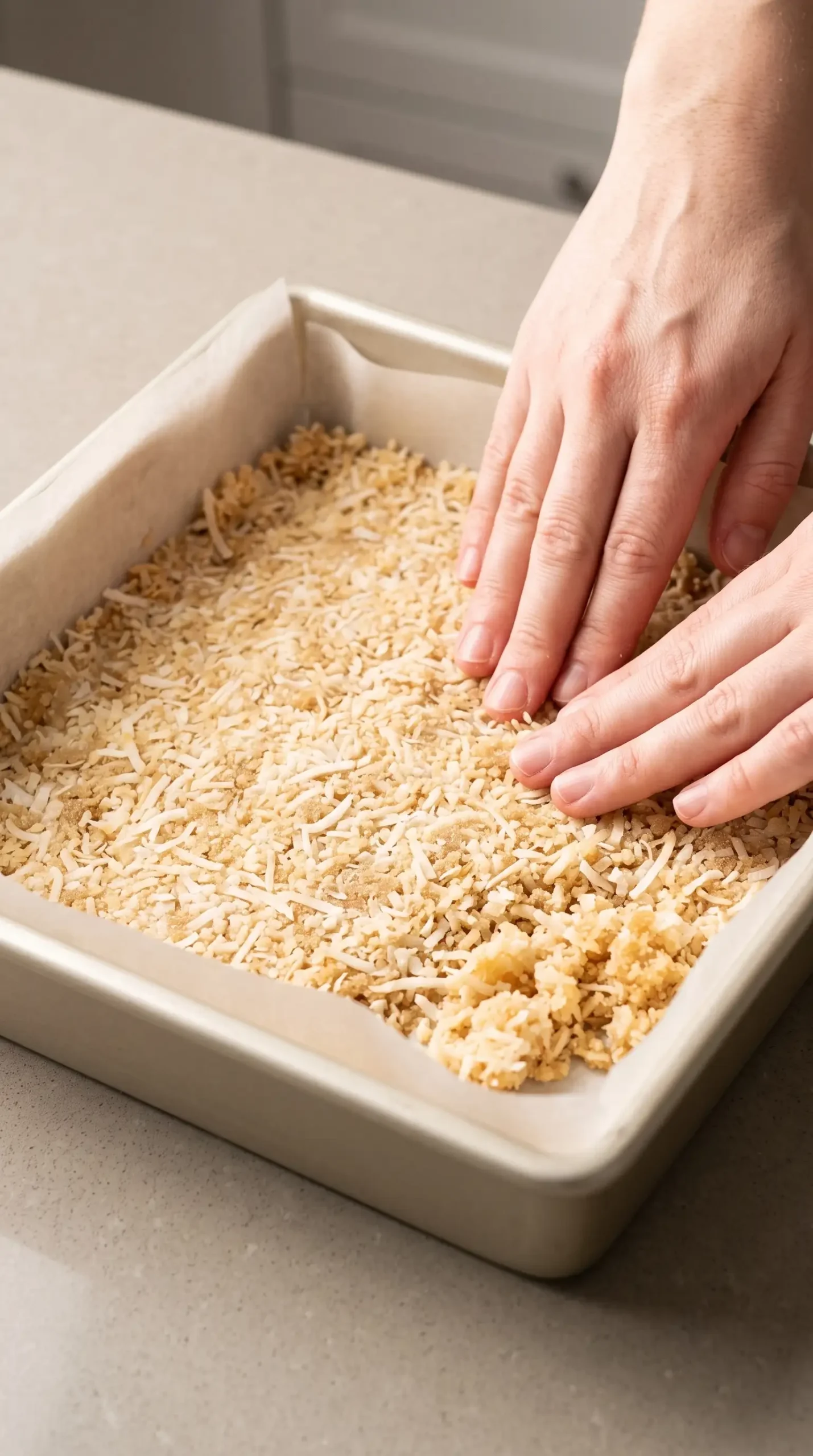 Coconut brown sugar crust mixture being pressed into a lined baking pan