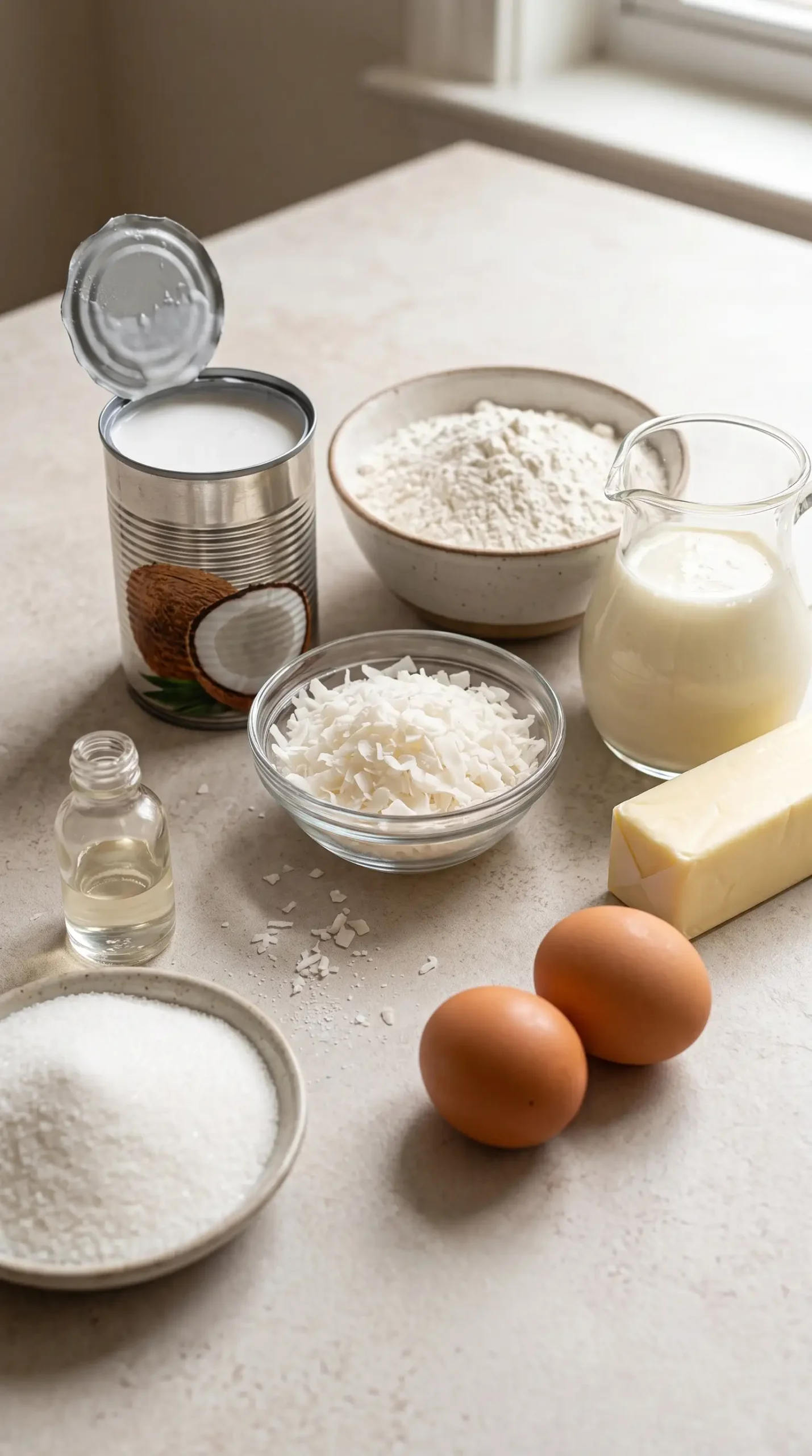 Coconut cake ingredients including coconut milk, shredded coconut, flour, butter, eggs, and sugar