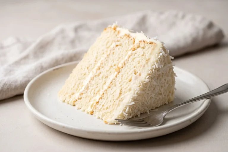 Slice of moist coconut cake recipe with layered crumb, cream cheese frosting, and shredded coconut topping