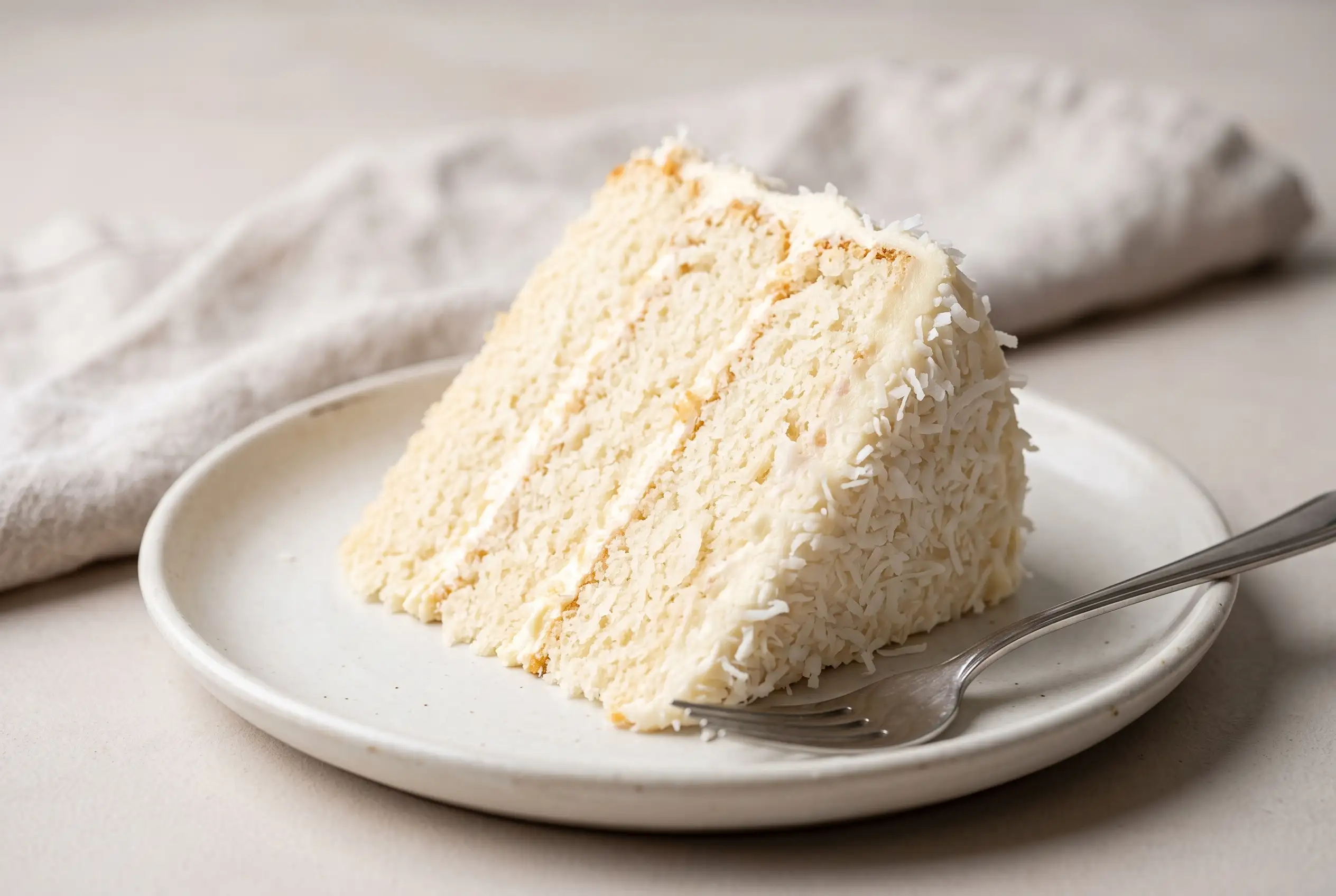 Moist coconut layer cake slice Slice of moist coconut cake recipe with layered crumb, cream cheese frosting, and shredded coconut topping