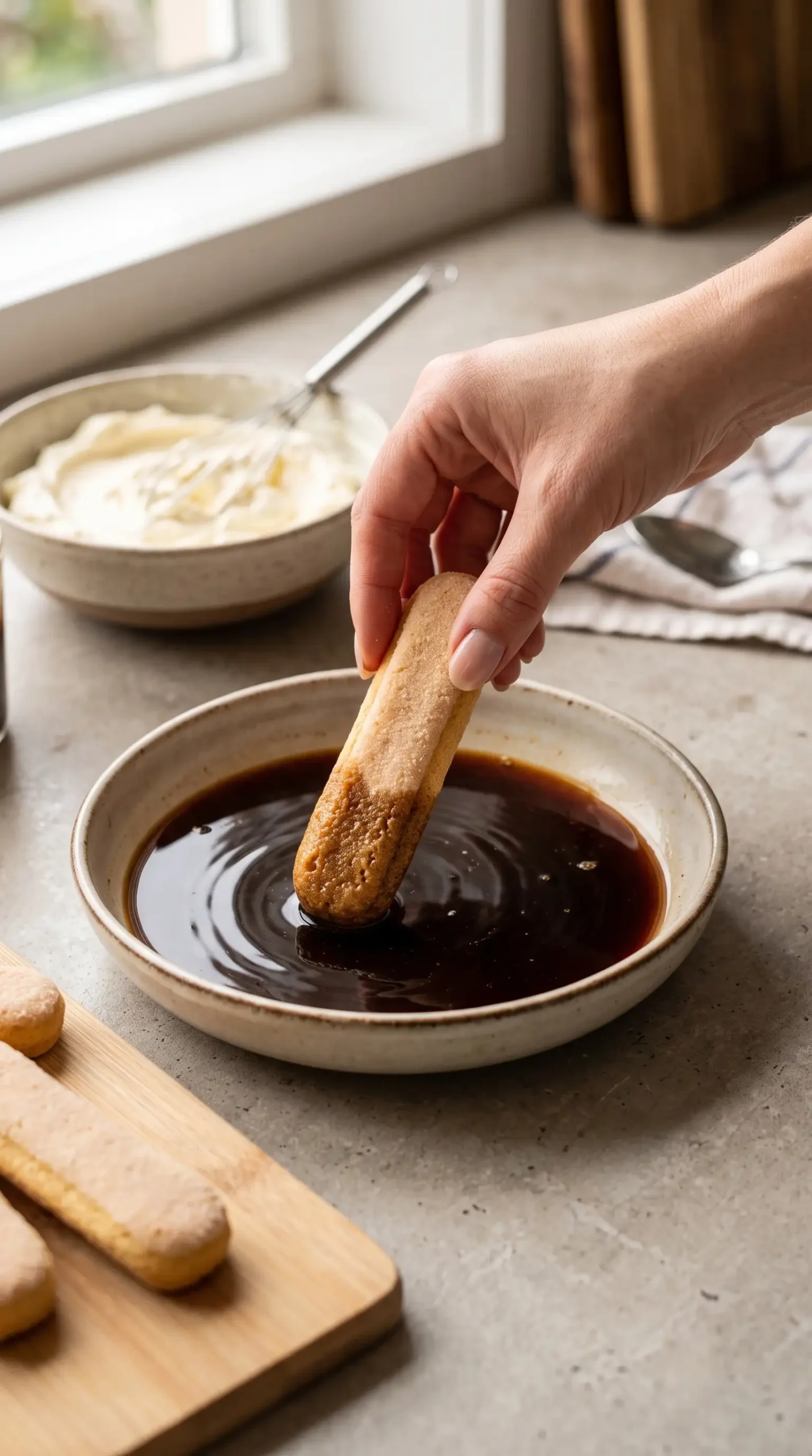 Ladyfinger dipped in cooled espresso for no bake tiramisu layers