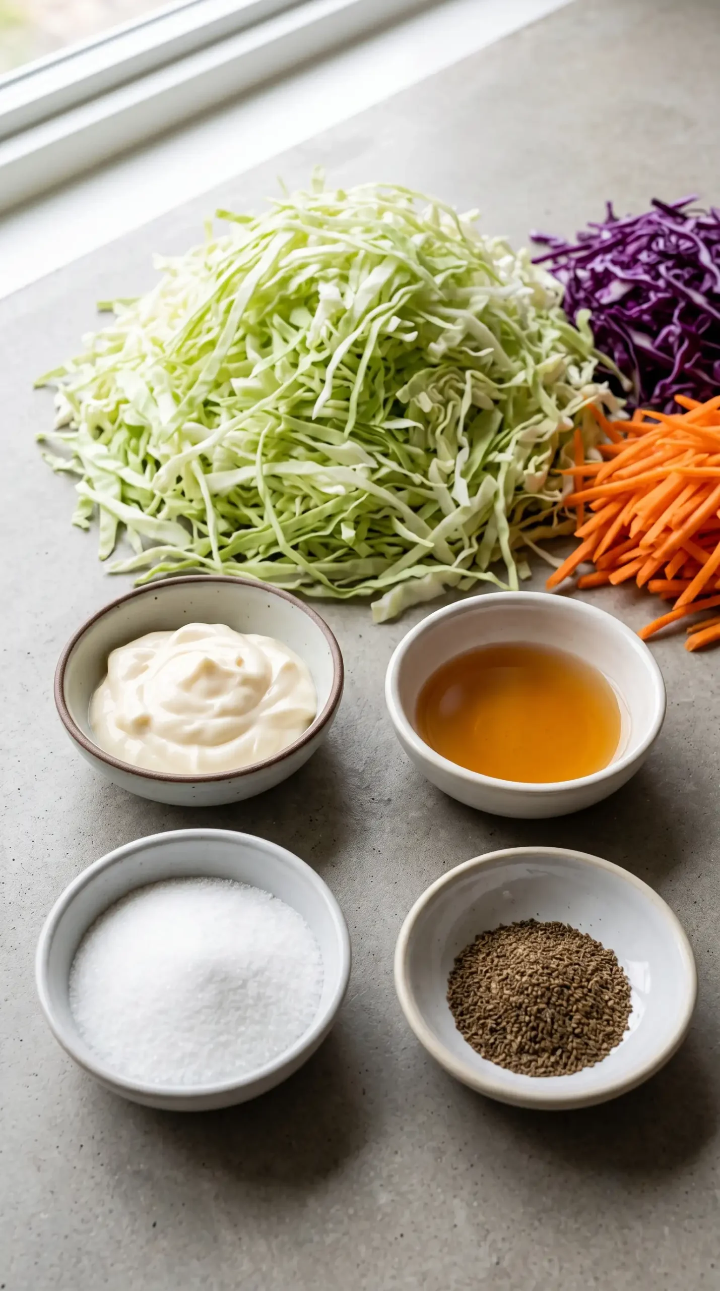 Shredded cabbage, carrots, and creamy coleslaw dressing ingredients on a preparation board