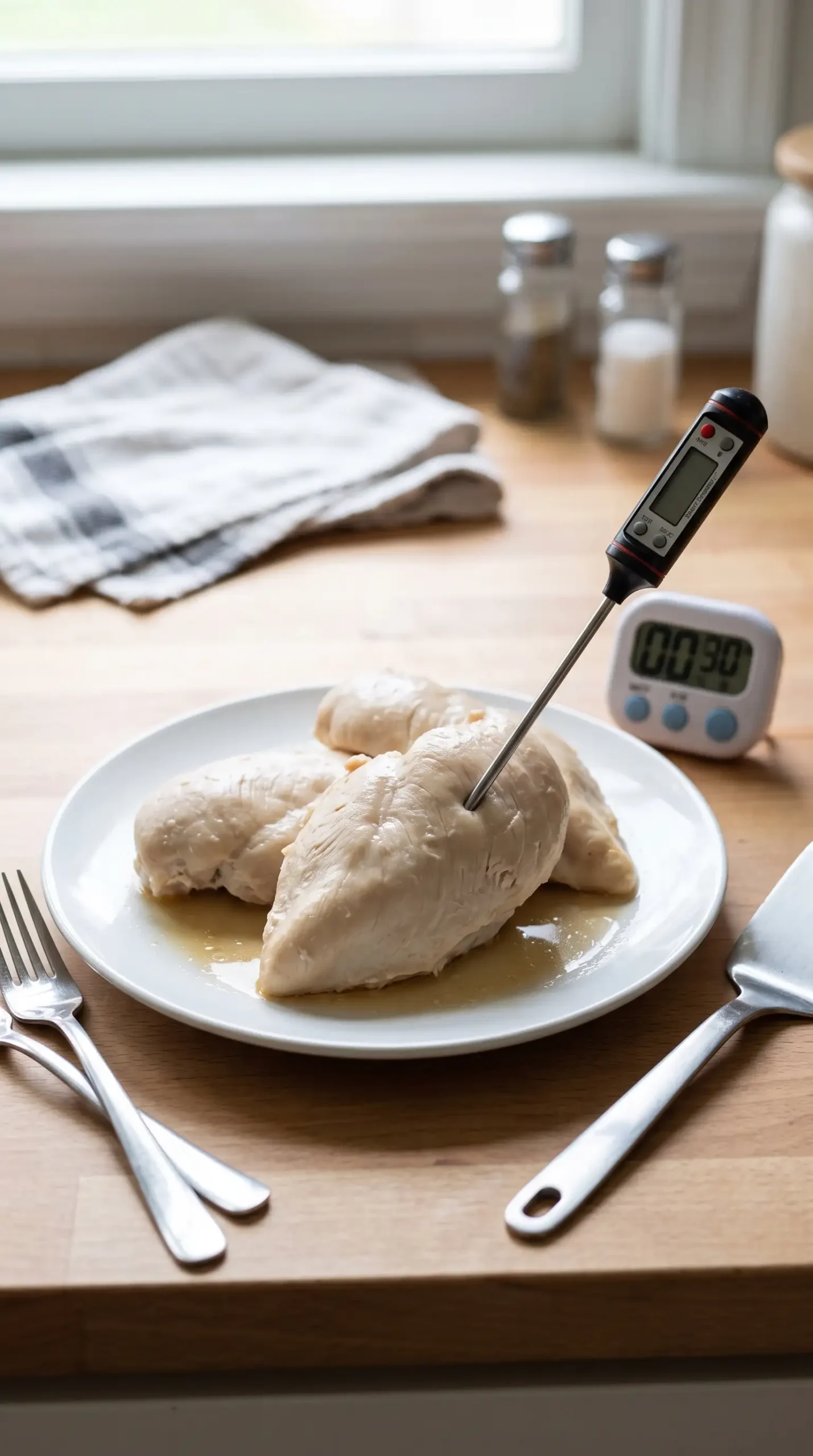 Cooked chicken breasts checked with a thermometer before shredding