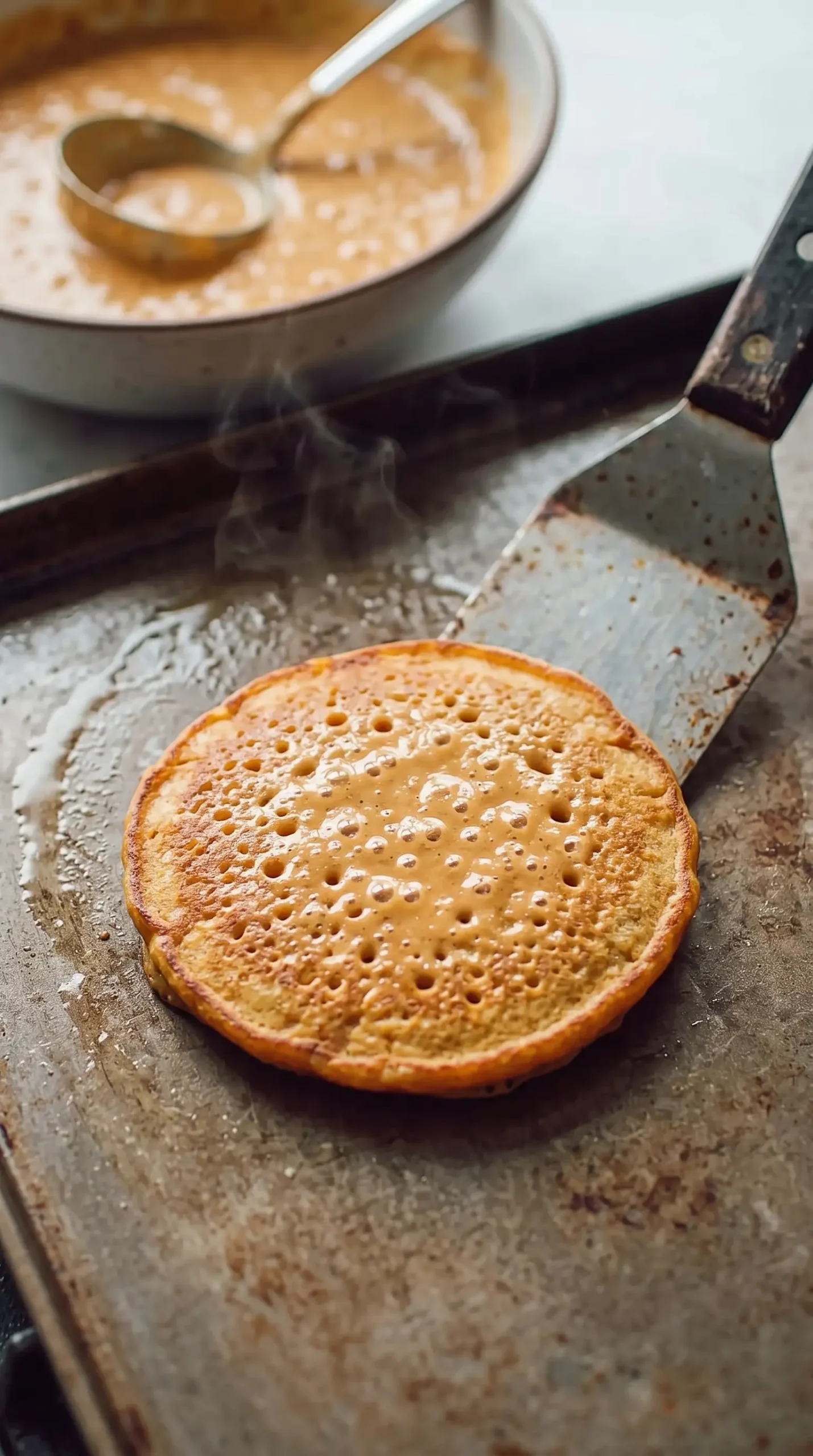 Butternut squash pancake cooking on a griddle with bubbles forming before flipping