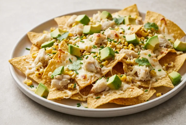 Crab and avocado nachos with white cheddar, corn, tortilla chips, and fresh avocado on a platter