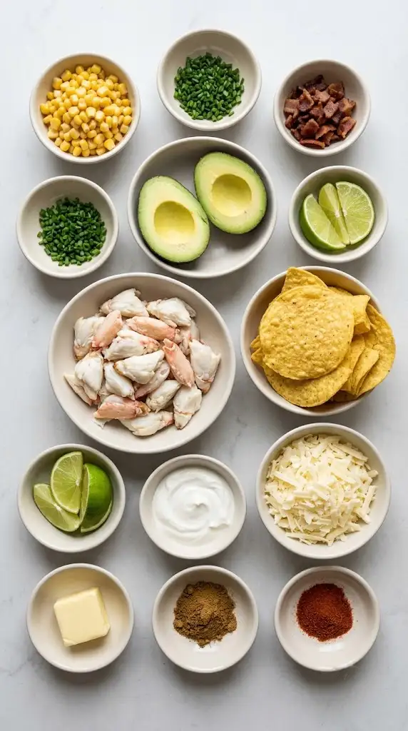 Ingredients for crab nachos with lump crab, avocado, tortilla chips, white cheddar, and corn