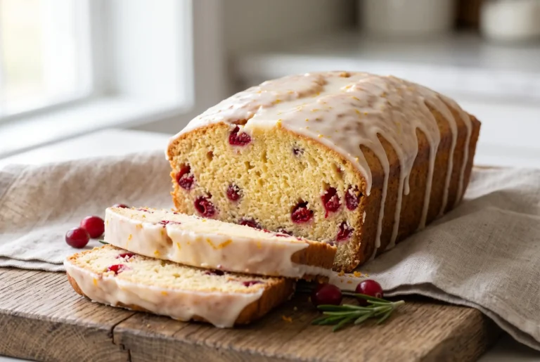 Cranberry orange bread loaf with orange glaze and visible cranberry-filled slices