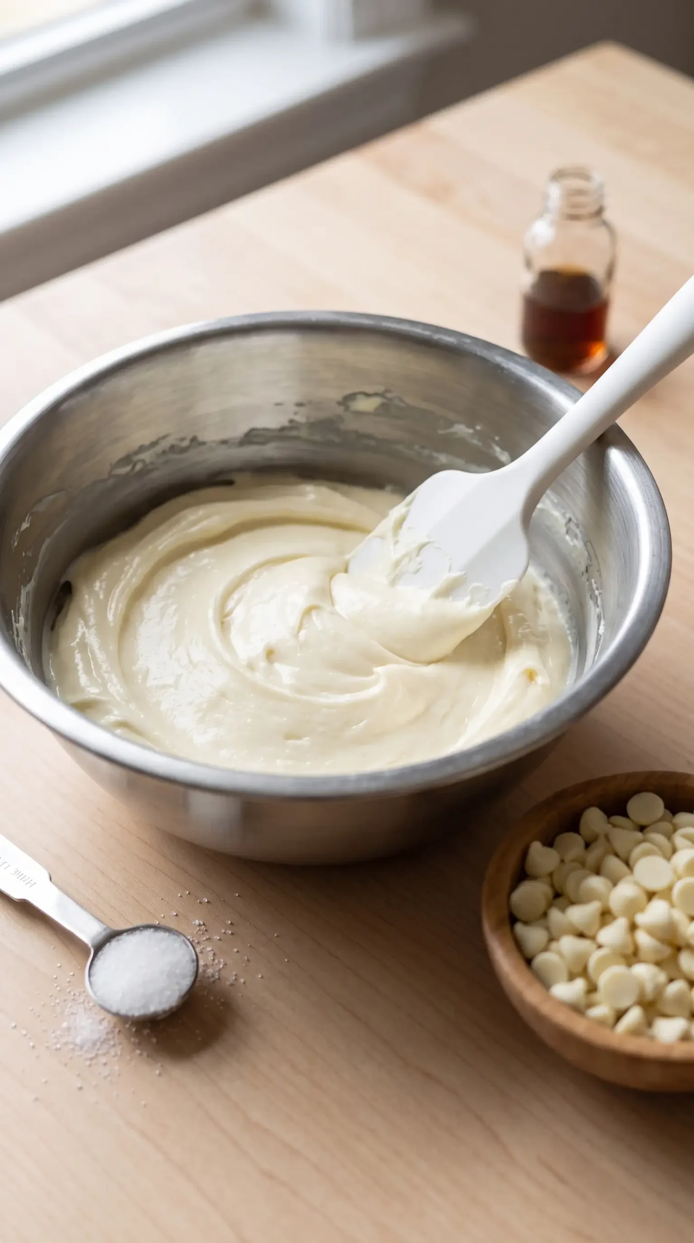 Cream cheese mixture with white chocolate chips prepared for brownies