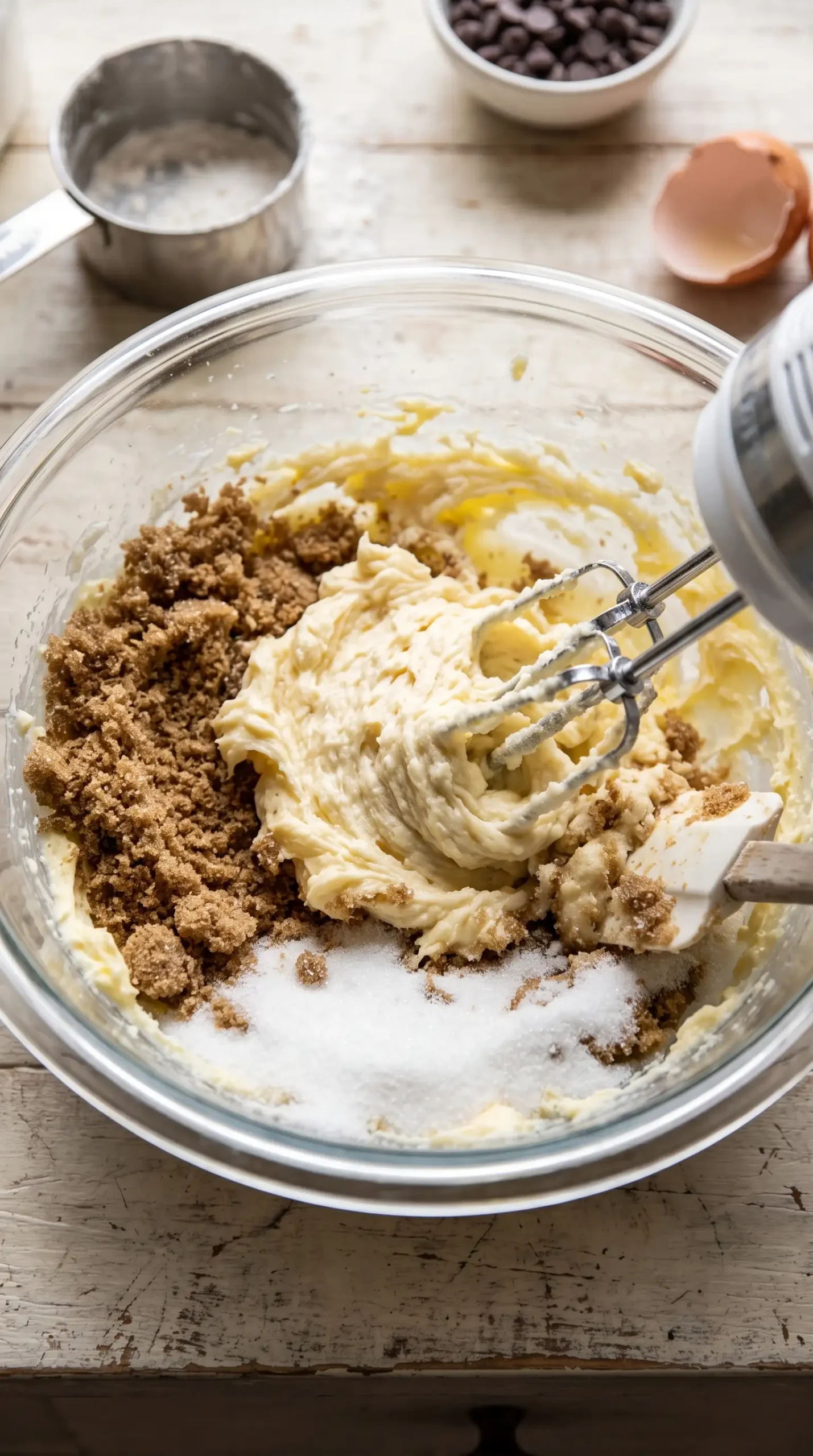 Butter and sugars being creamed together for Nestle chocolate chip cookie dough