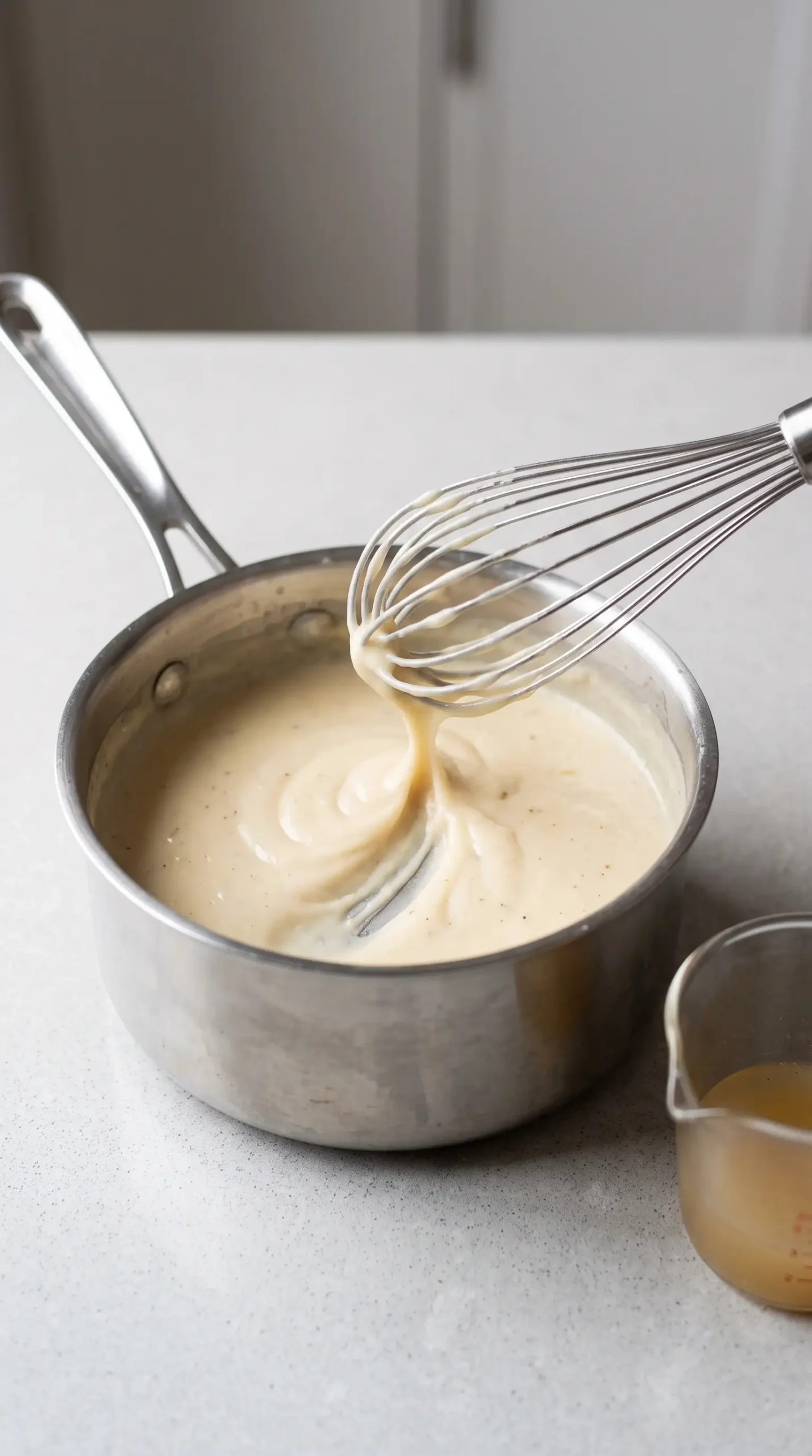 Creamy garlic gravy thickening in a saucepan with a whisk