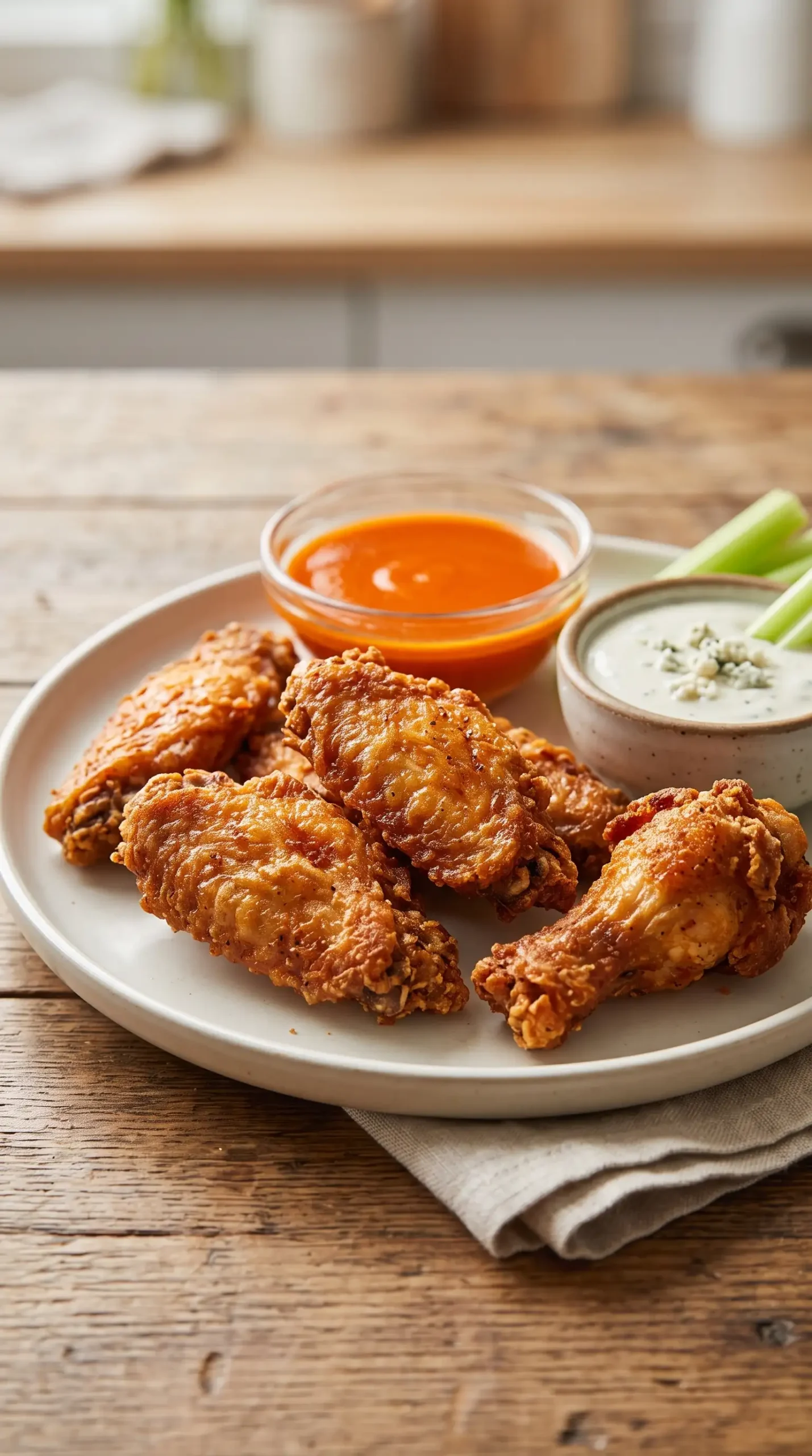 Crispy air fryer chicken wings served with Buffalo sauce and dipping sides