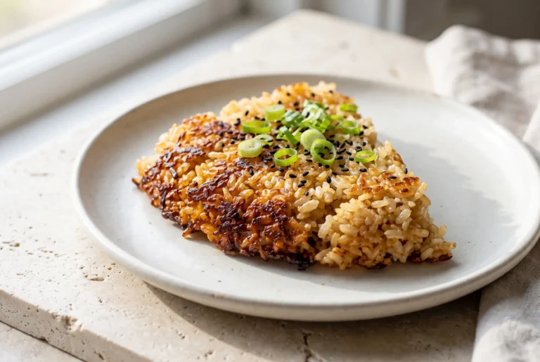 Crispy rice skillet serving with a golden crust and tender short-grain rice layers