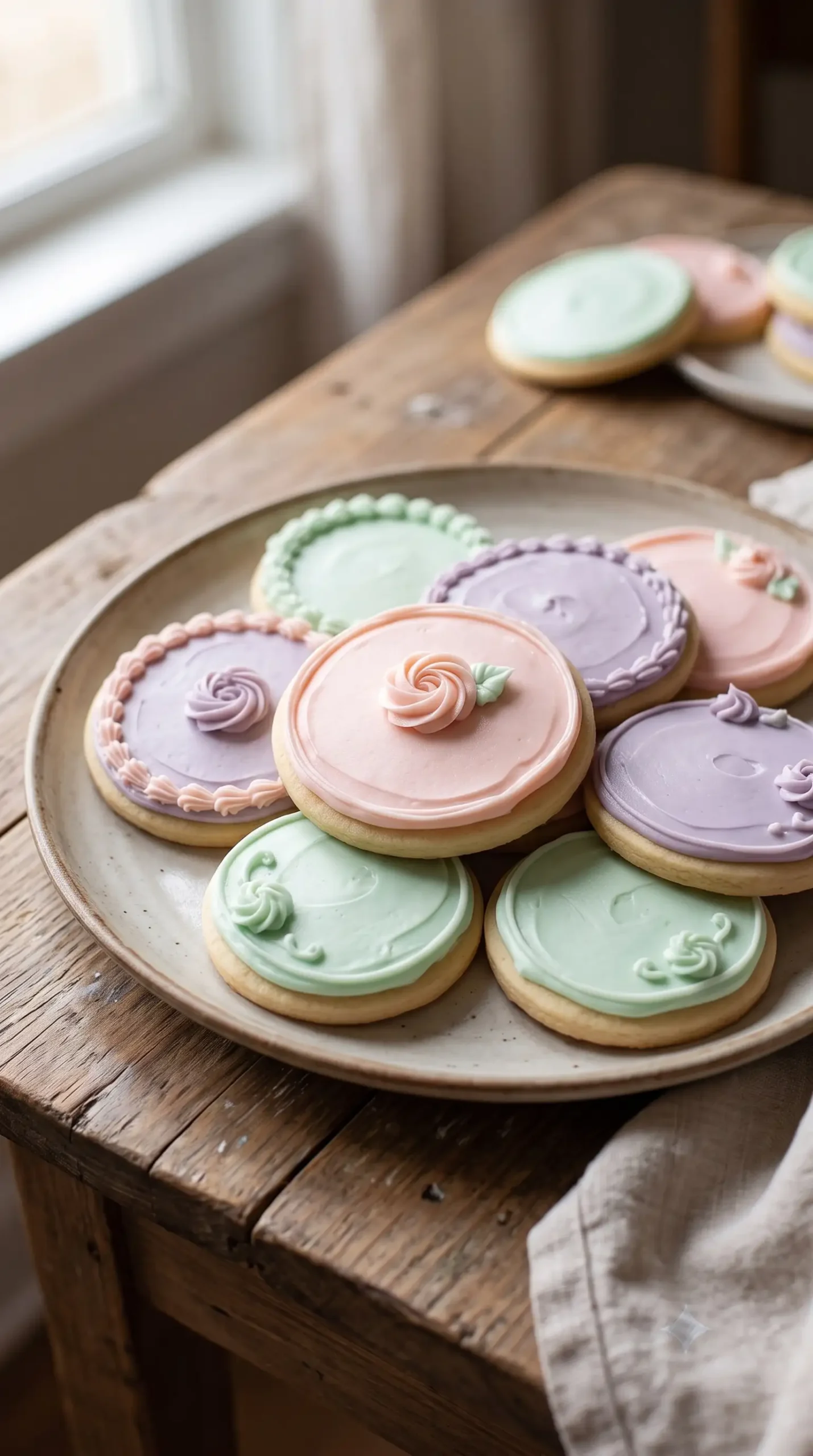 Decorated cut-out sugar cookies topped with colorful butter frosting on a plate