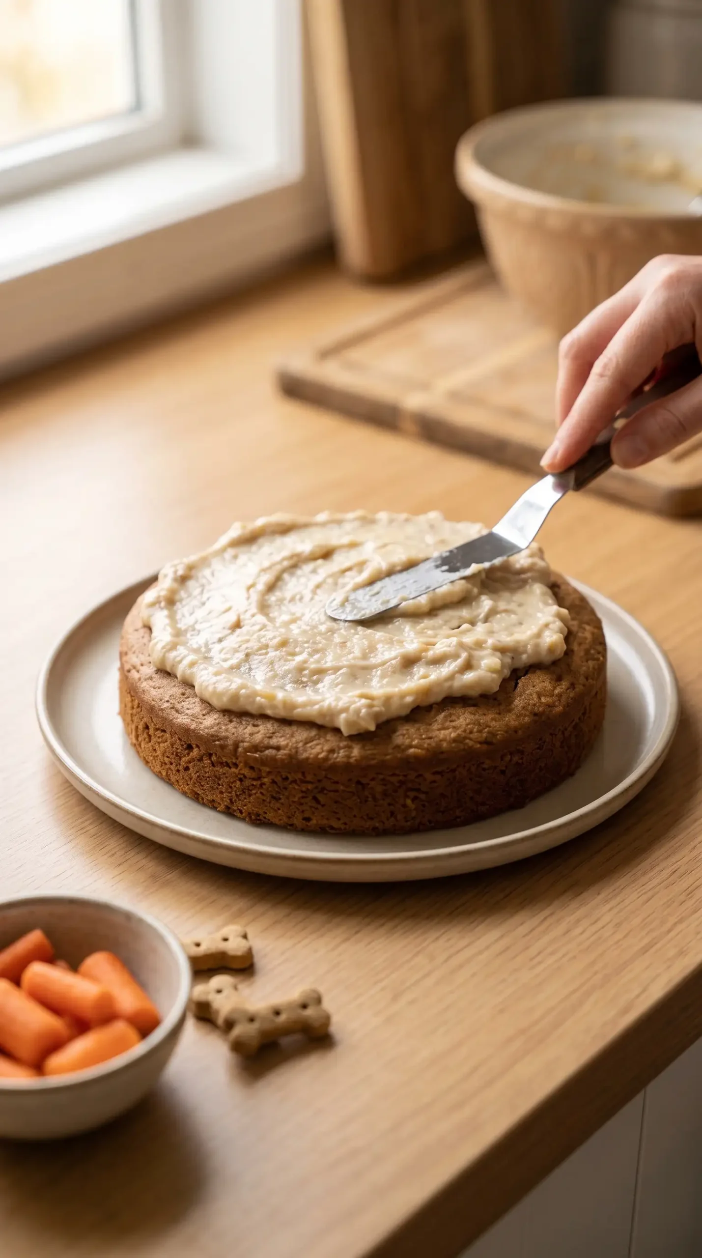 Peanut banana dog birthday cake being topped with yogurt banana frosting