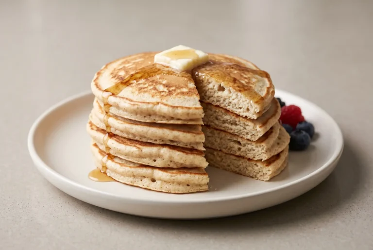 Stack of fluffy buttermilk dinner pancakes with whipped egg whites, butter, maple syrup, and berries