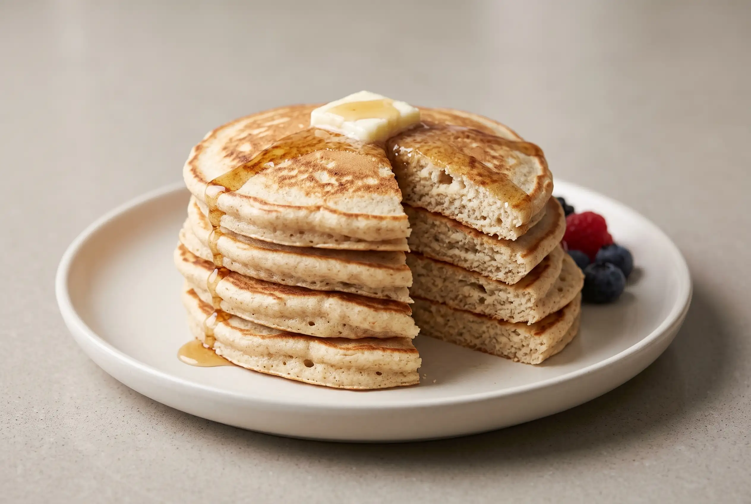 Stack of fluffy buttermilk dinner pancakes with whipped egg whites, butter, maple syrup, and berries