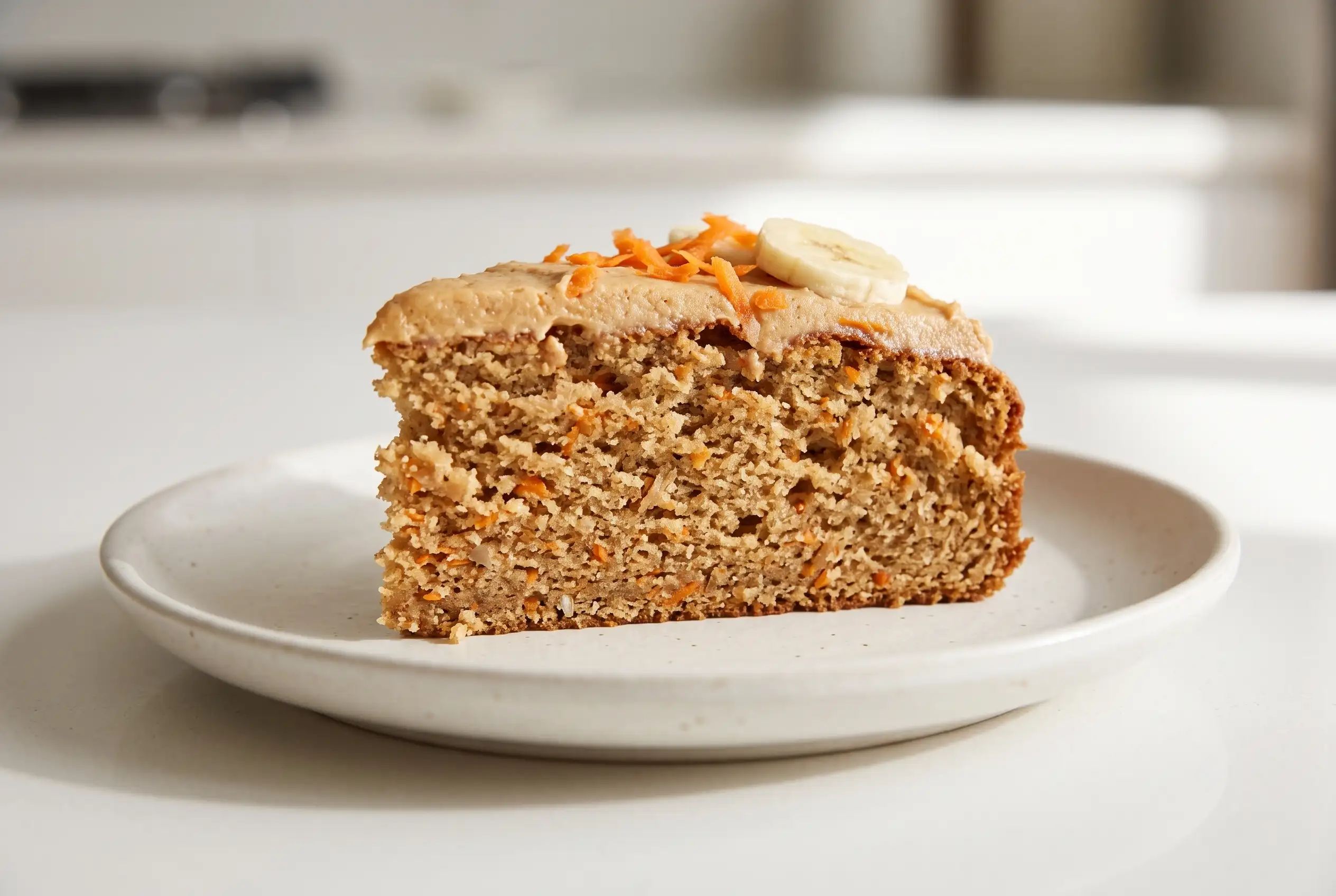 Peanut Banana Dog Birthday Cake Dog birthday cake slice with peanut butter, banana, carrots, and soft baked texture on a plate