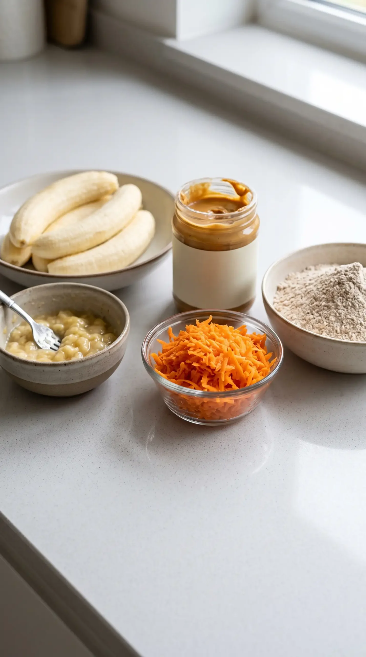 Ingredients for dog birthday cake with bananas, peanut butter, carrots, and whole wheat flour