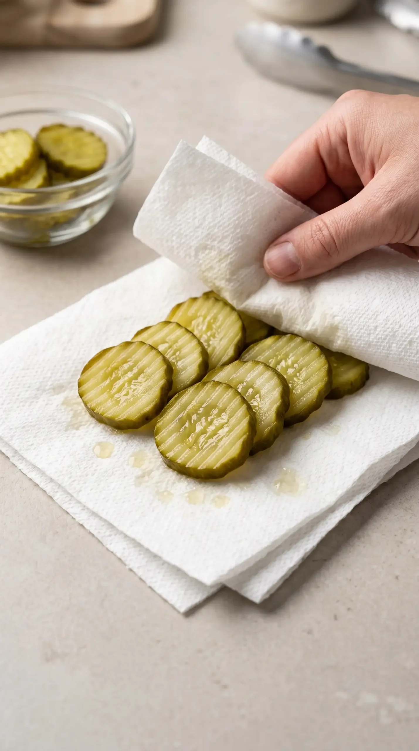 Thick dill pickle rounds being blotted dry with white paper towels before breading
