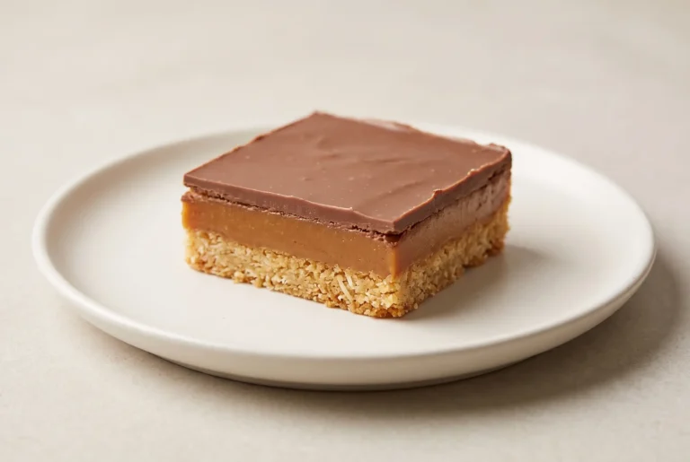 Dulce de leche bars with coconut crust, caramel layer, and milk chocolate topping