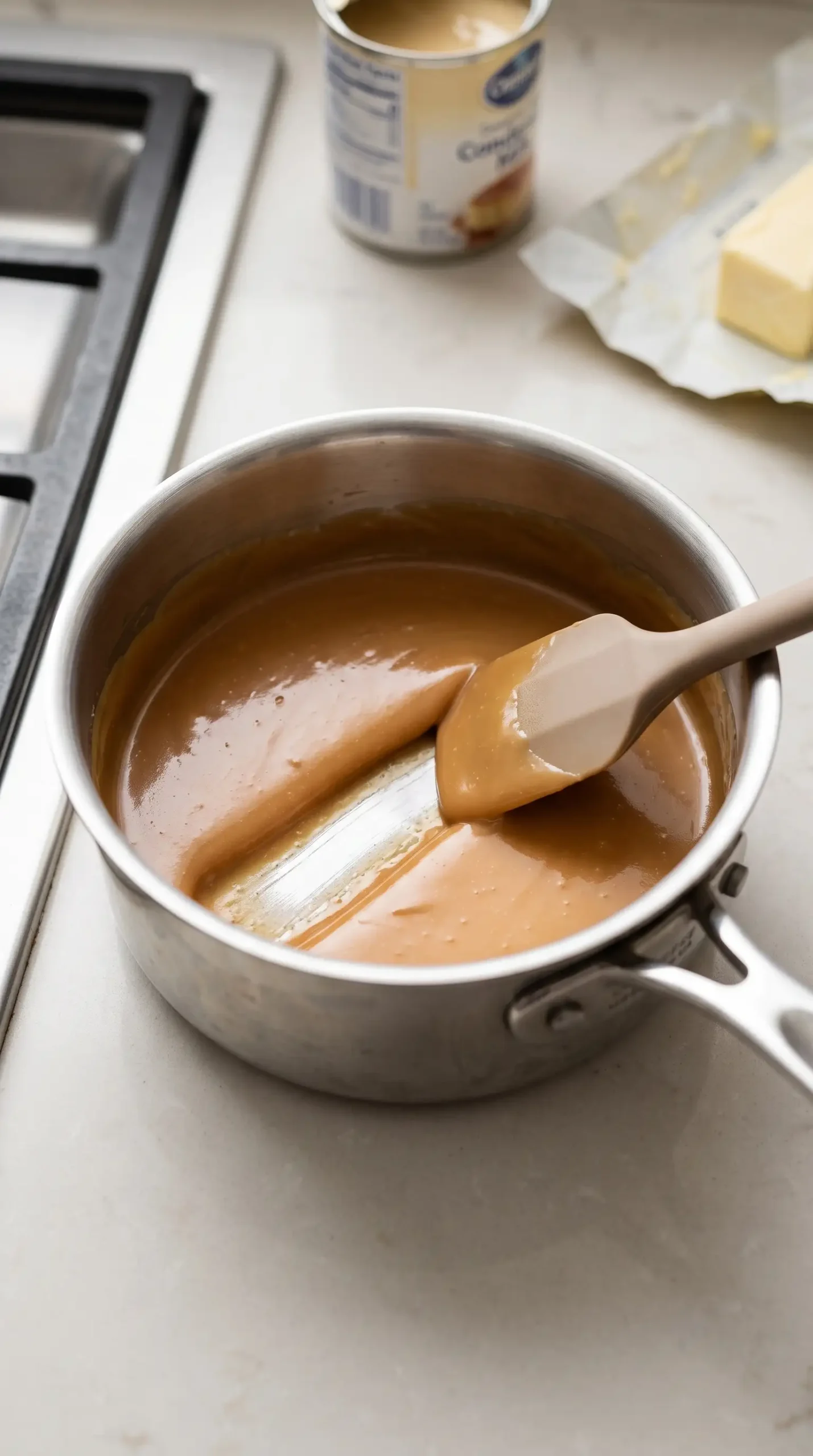 Dulce de leche filling cooking in a saucepan until thick and caramel colored