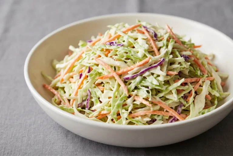 Easy coleslaw with creamy dressing, shredded cabbage, carrots, and purple cabbage in a bowl