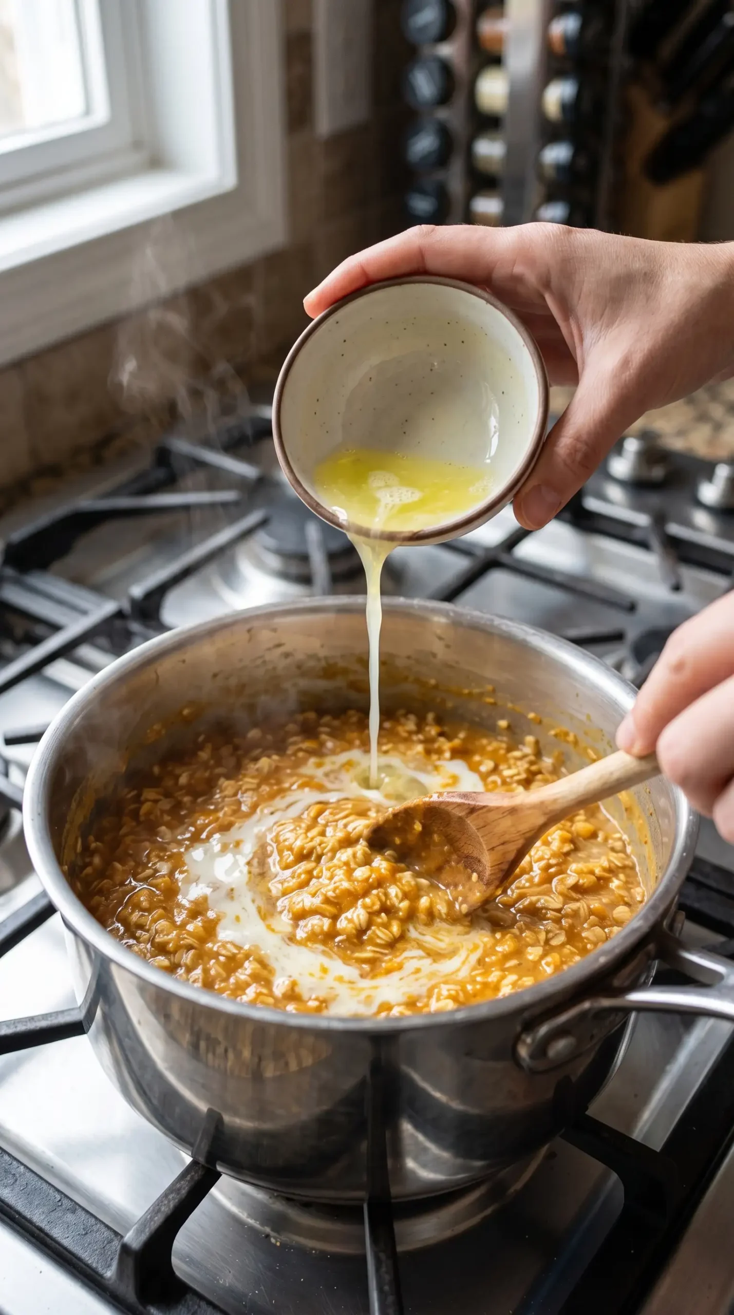 Egg whites being stirred into pumpkin oatmeal in a saucepan