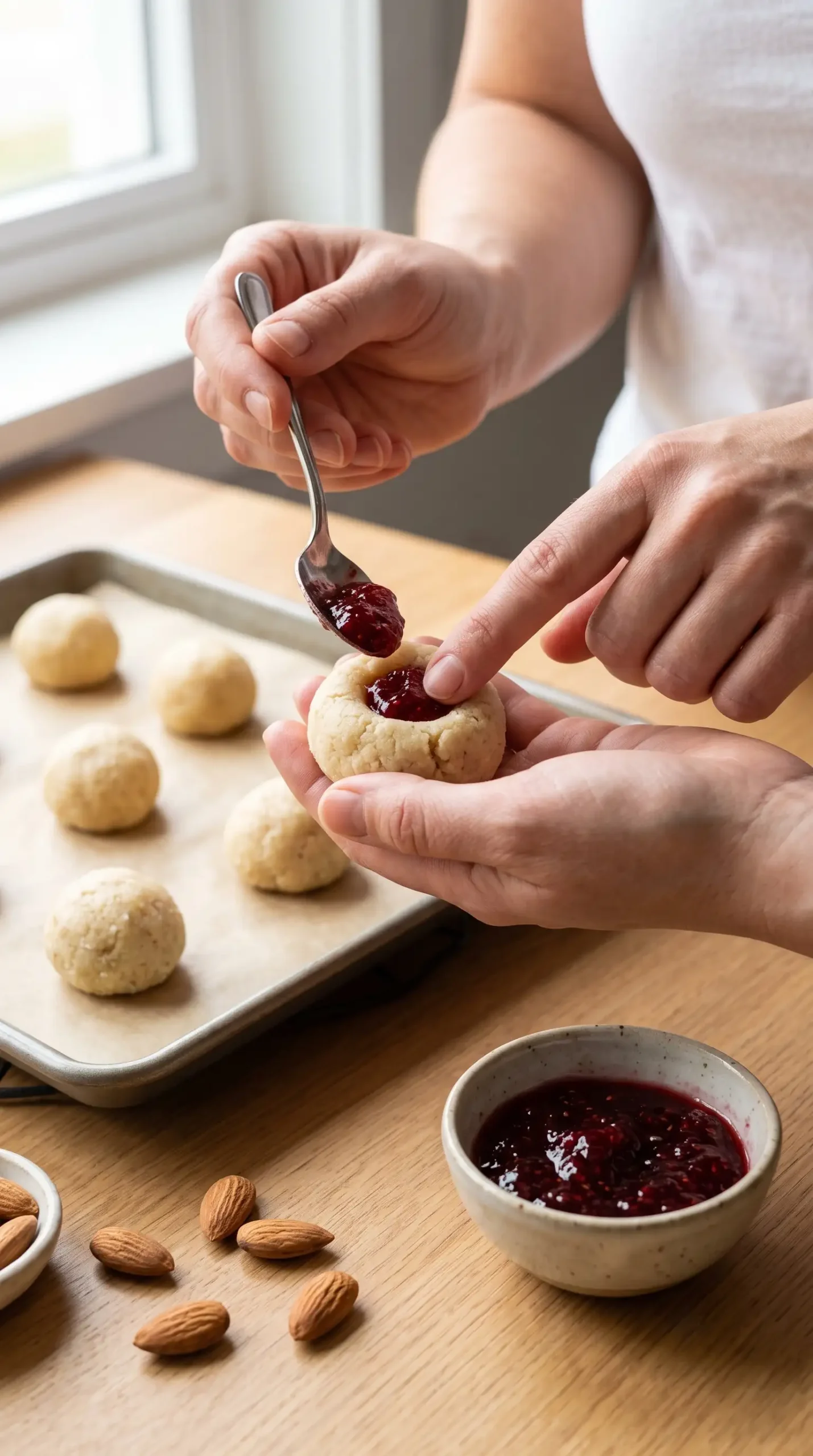 Hands filling almond cookie dough with raspberry jam before shaping snowball cookies