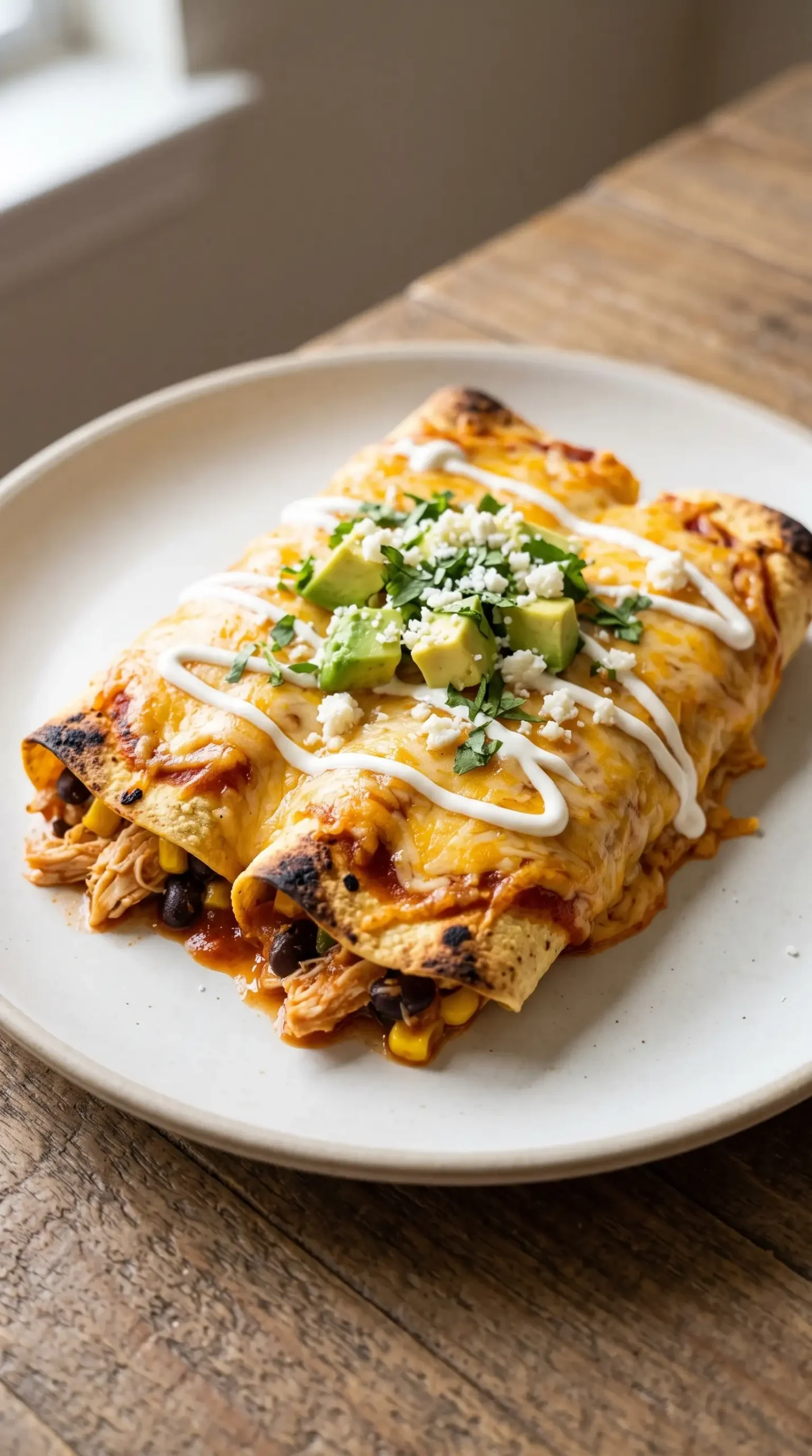 Serving of baked chicken enchiladas topped with cheese, avocado, cilantro, and Cotija