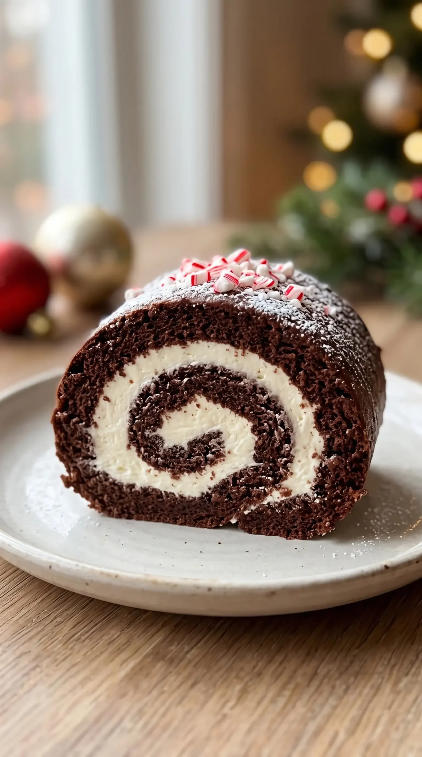 Professional food photography close-up of the finished Christmas Peppermint Roll with Chocolate Sponge Cake as the single main subject. Show a chilled chocolate sponge roll sliced to reveal a clean peppermint whipped cream spiral interior, with a light dusting of confectioners' sugar and small crushed peppermint candy garnish on top. Present it on a simple neutral serving plate with no extra slices or duplicate desserts. Emphasize the contrast between the dark cocoa sponge and white peppermint filling, realistic cake texture, neat spiral structure, and holiday-ready appearance. Natural soft lighting, centered composition, authentic high-end food photography without exaggerated styling.