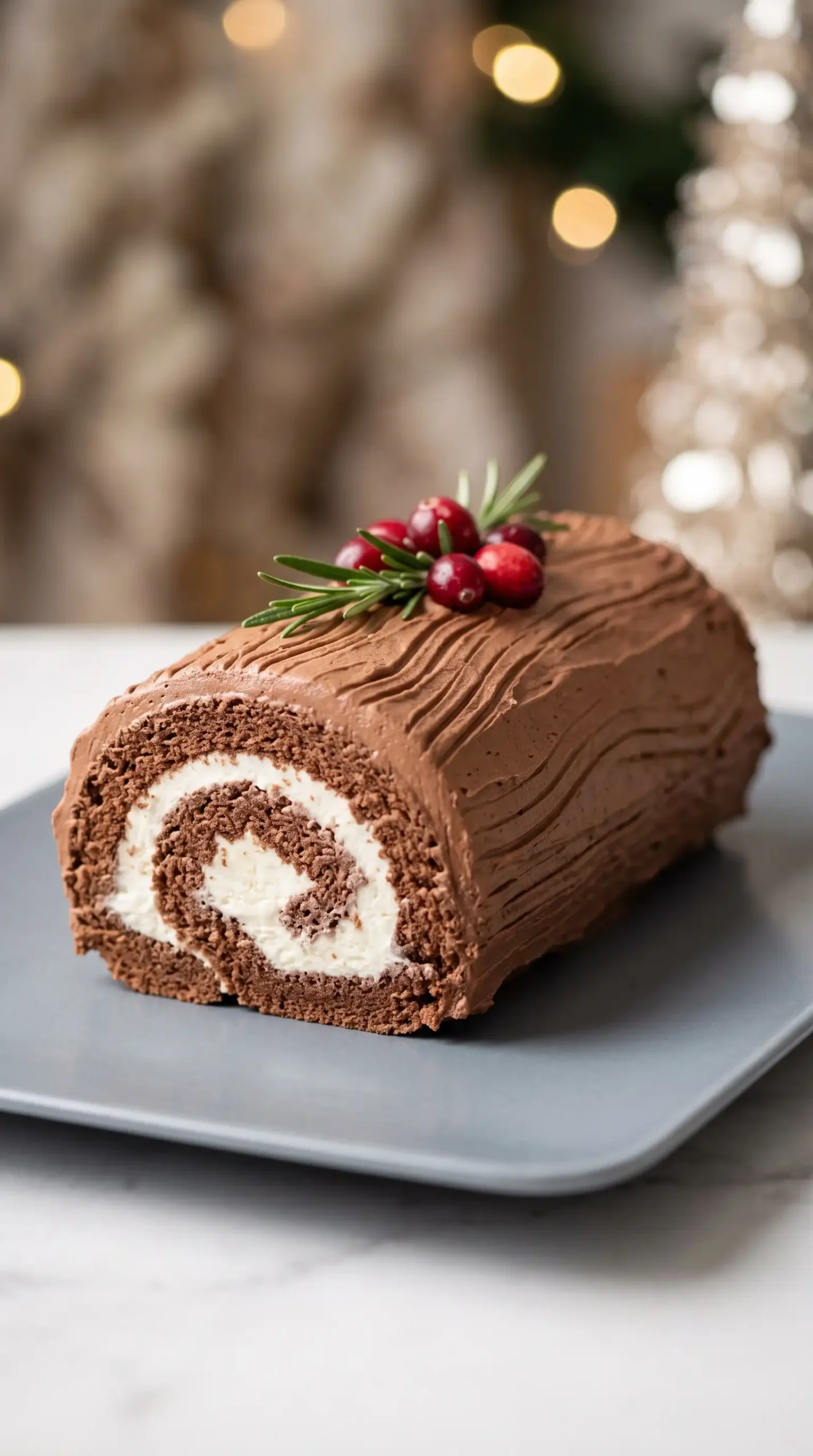 Finished chocolate yule log cake with whipped coating, spiral filling, and holiday garnish