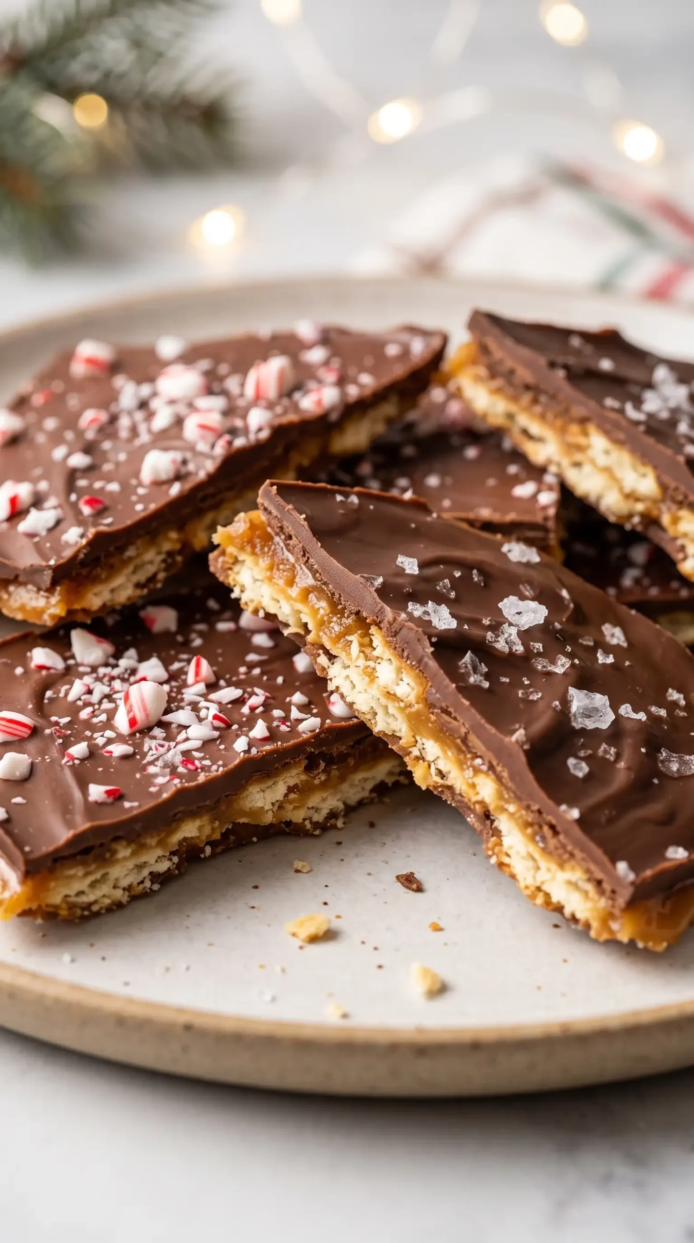 Broken Christmas crack saltine toffee pieces with chocolate topping on a platter