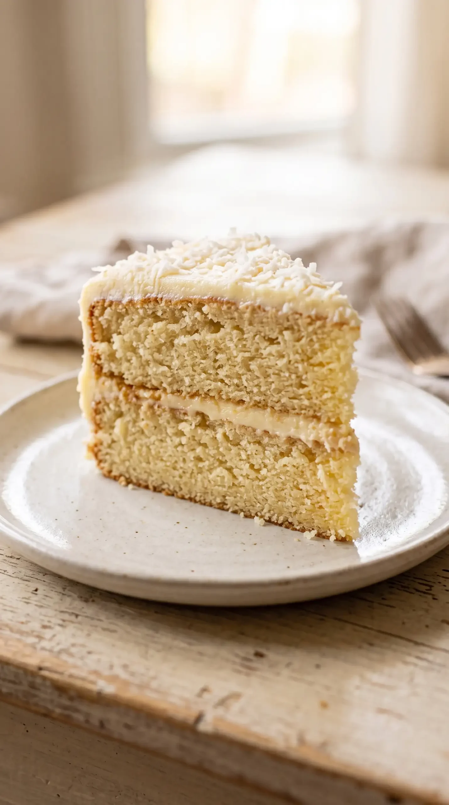 Single slice of moist coconut layer cake with frosting and shredded coconut topping