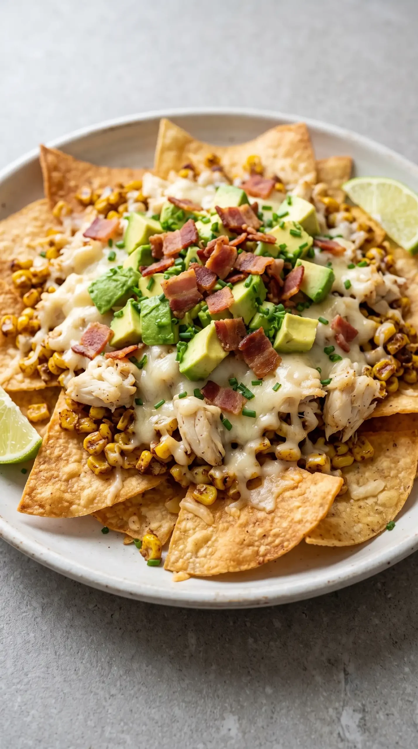 Finished crab and avocado nachos with melted cheddar, corn, bacon, and chives