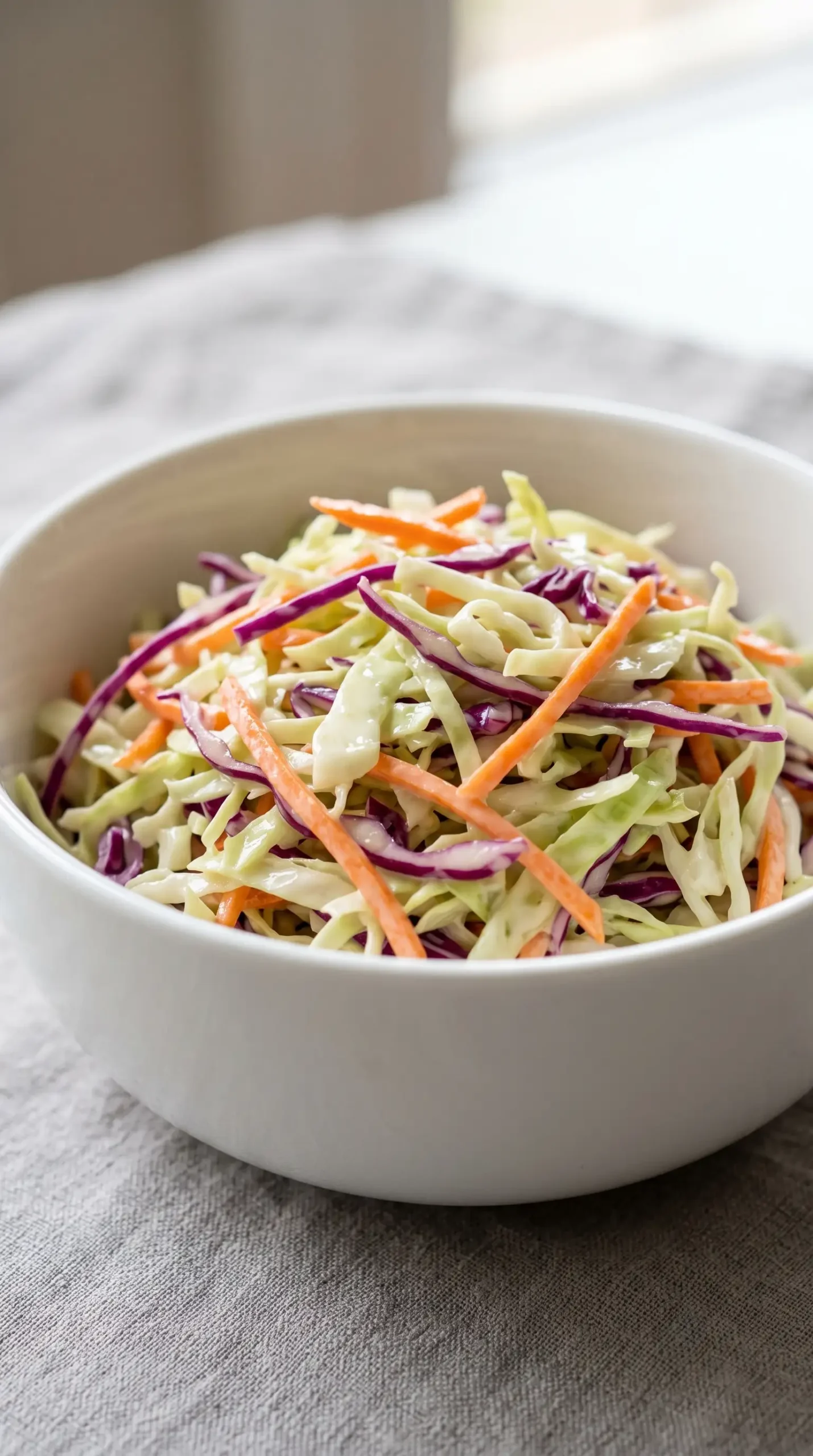 Bowl of chilled easy coleslaw with shredded cabbage, carrots, and creamy dressing