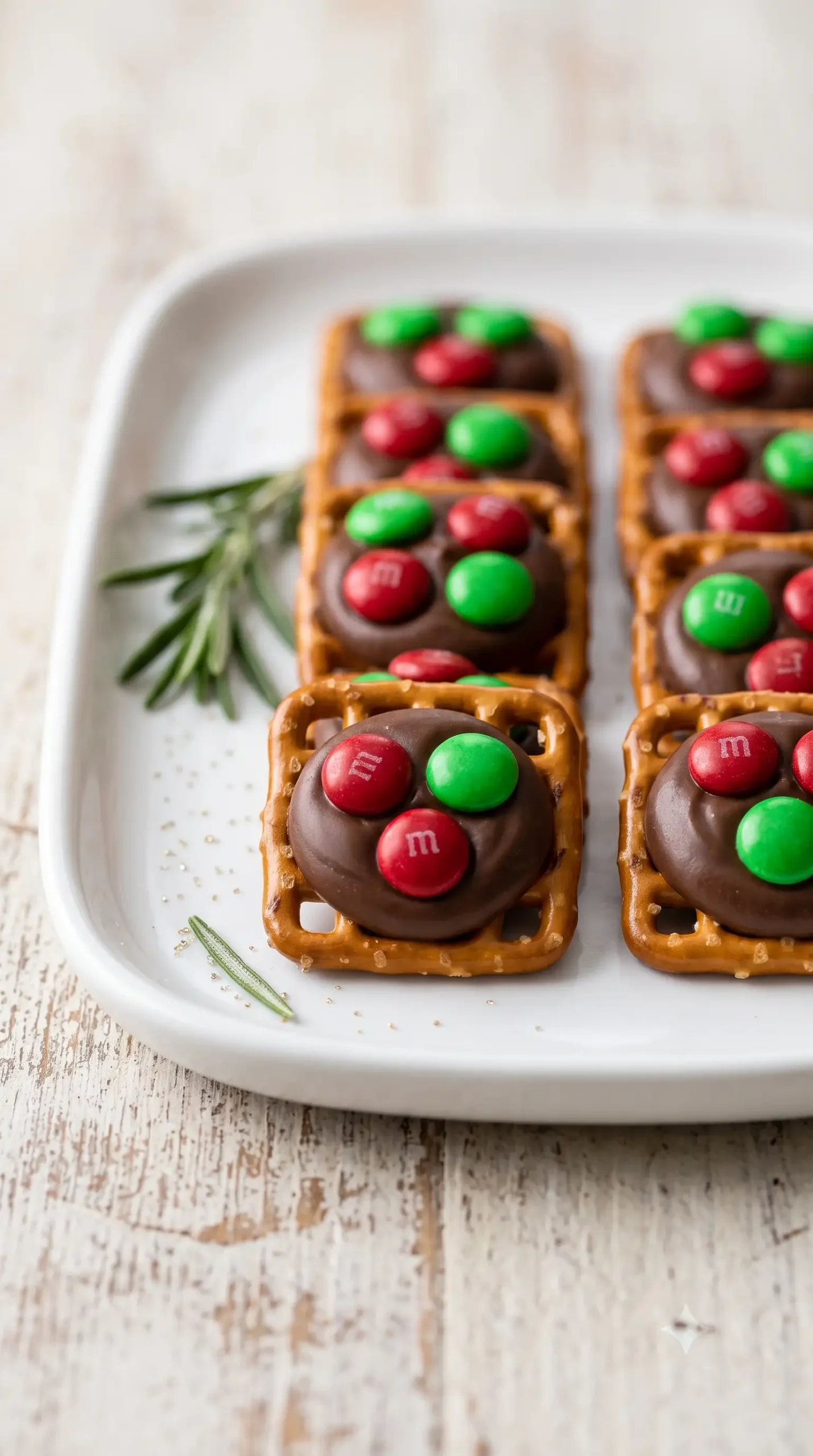 Finished holiday pretzel bites with melted chocolate and colorful candy centers on a platter