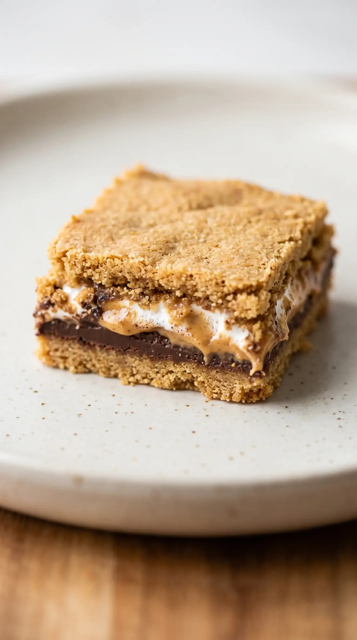 Finished peanut butter s mores bar showing golden crust and soft chocolate marshmallow center