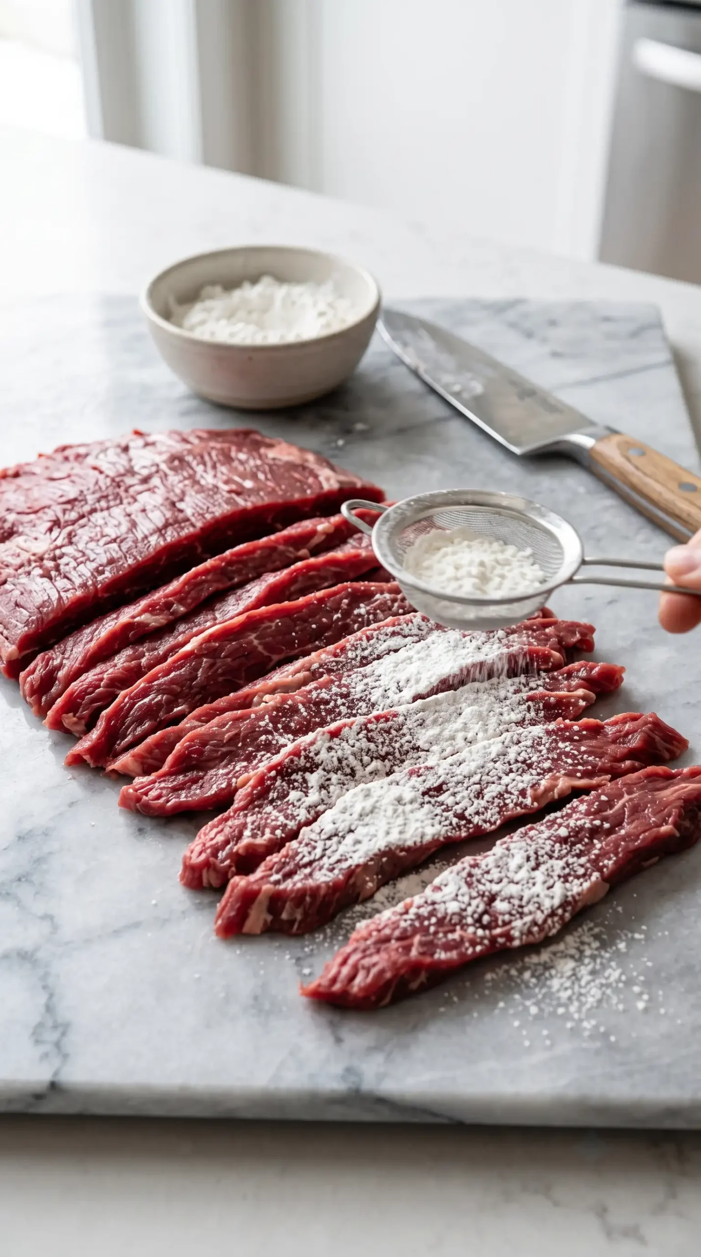 Thinly sliced flank steak coated with cornstarch for crispy Mongolian beef