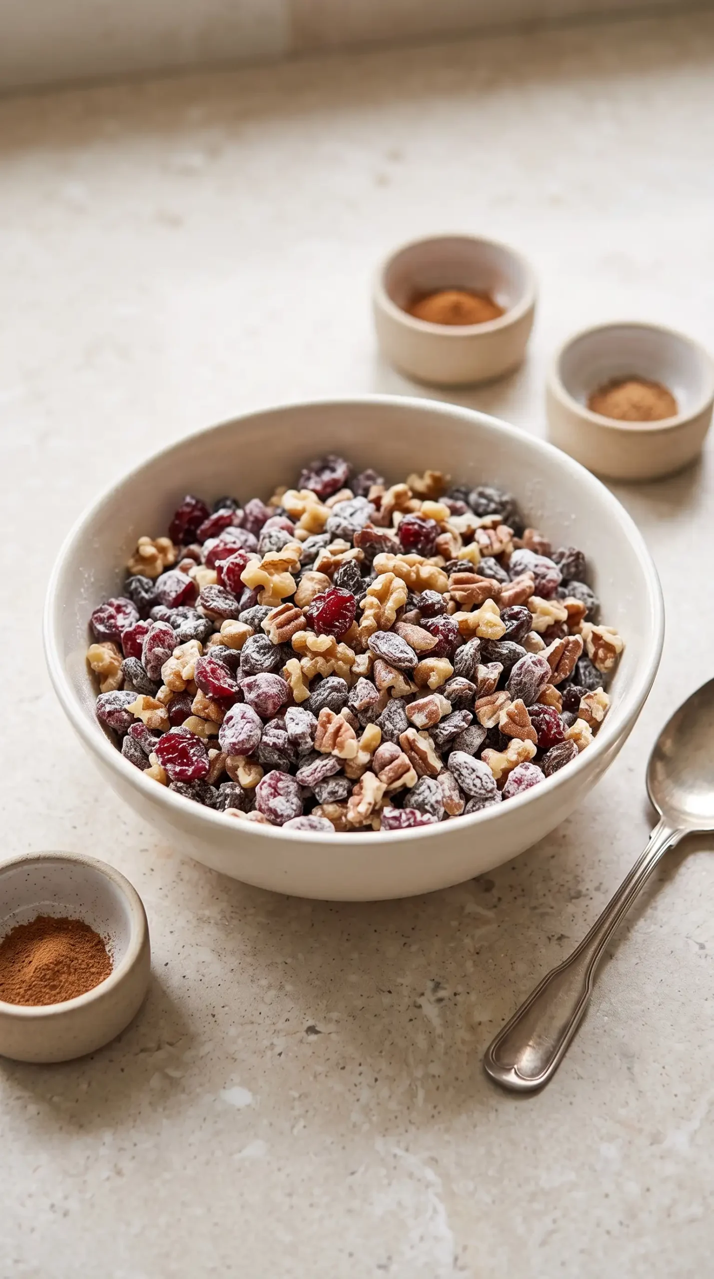 Flour-coated dried cranberries, raisins, cherries, walnuts, and pecans in a ceramic bowl