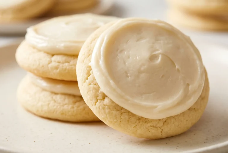 Fluffy sugar cookies with smooth vanilla frosting stacked on a serving plate