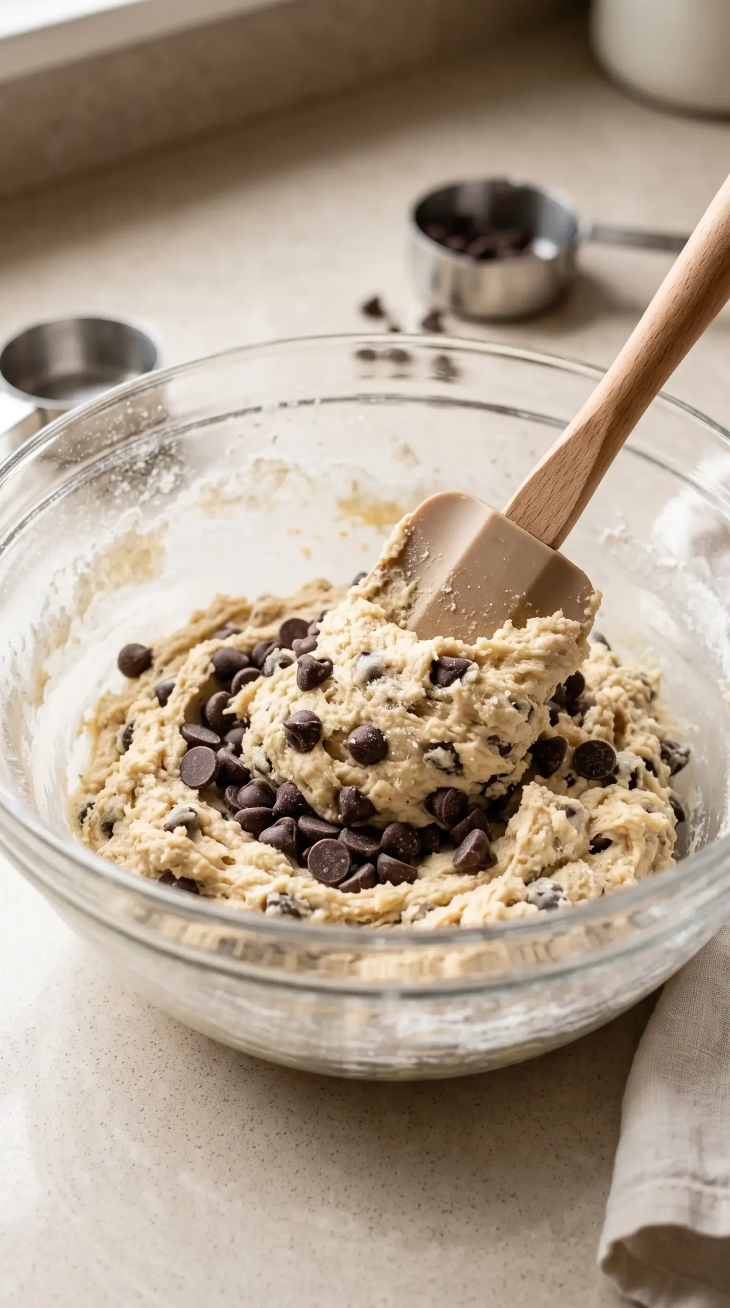 Chocolate chips folded into thick homemade cookie dough in a mixing bowl