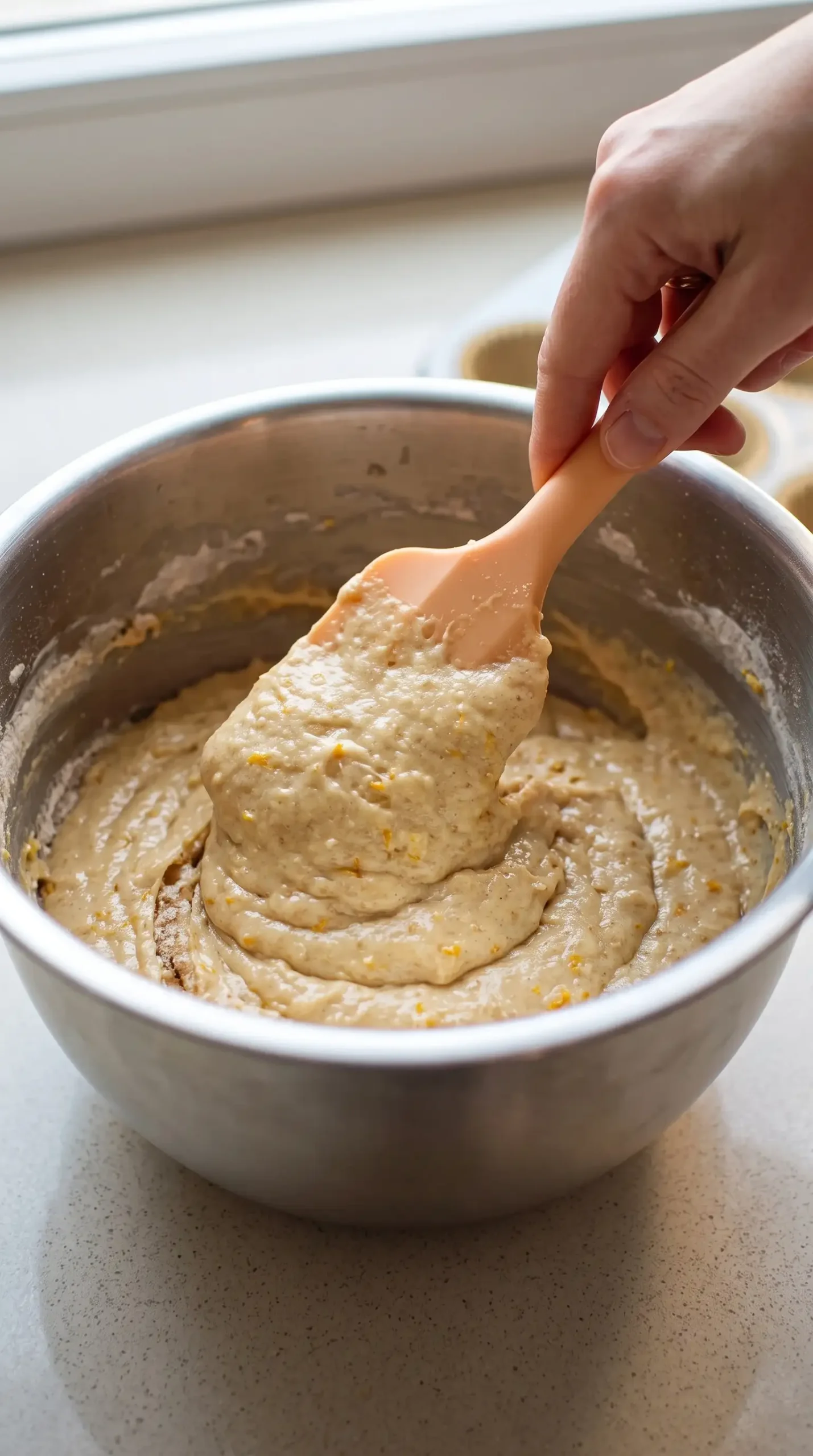 Folding Orange Muffin Batter Thick orange muffin batter gently folded in a mixing bowl with a few flour streaks remaining
